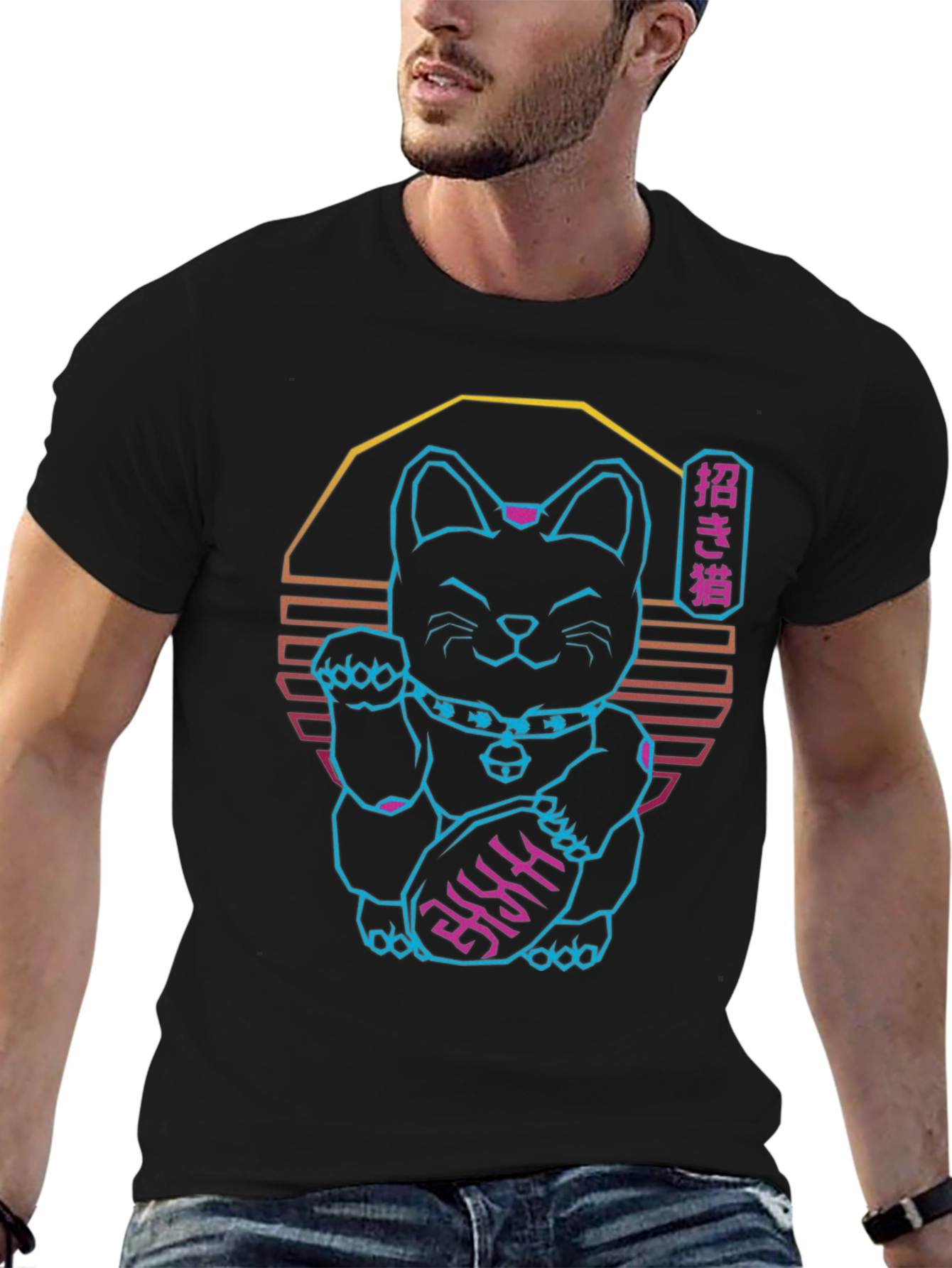 Neon Lucky Cat T-Shirt - Retro Wave Graphic Tee
