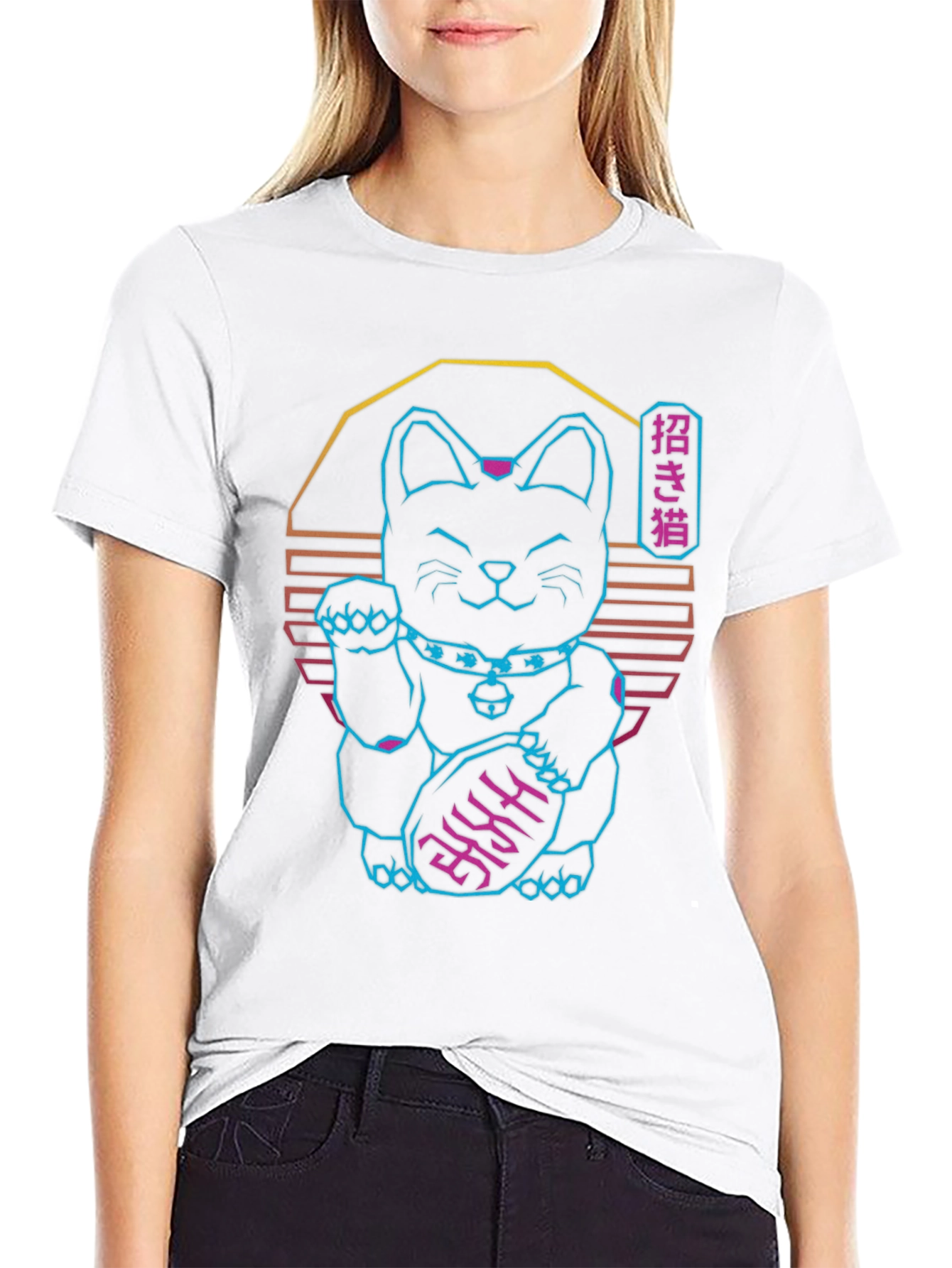 Neon Lucky Cat T-Shirt - Retro Wave Graphic Tee