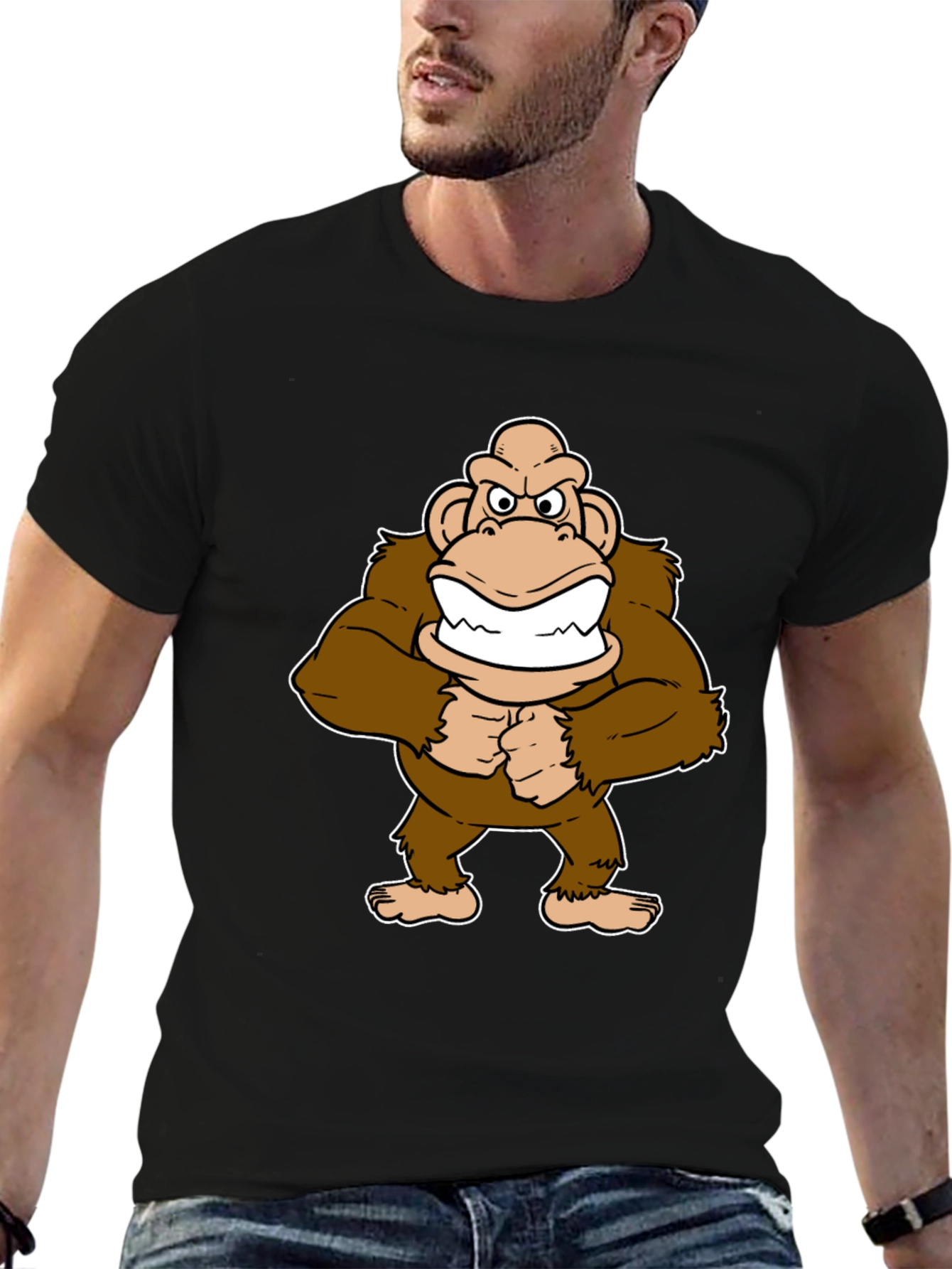 Cartoon Ape Graphic T-Shirt - Black Cotton Tee