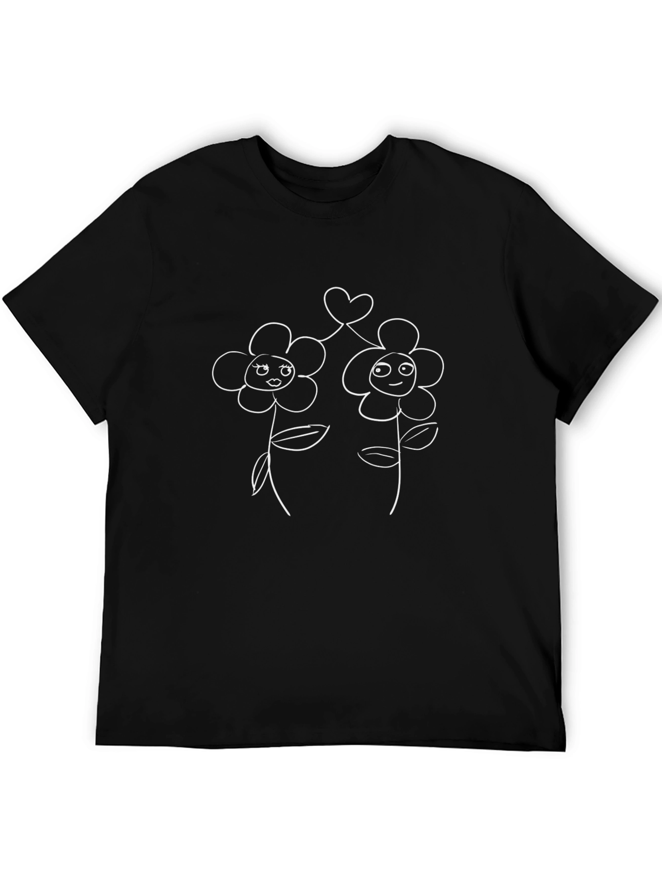 Cute Cartoon Flower Couple Black T-Shirt