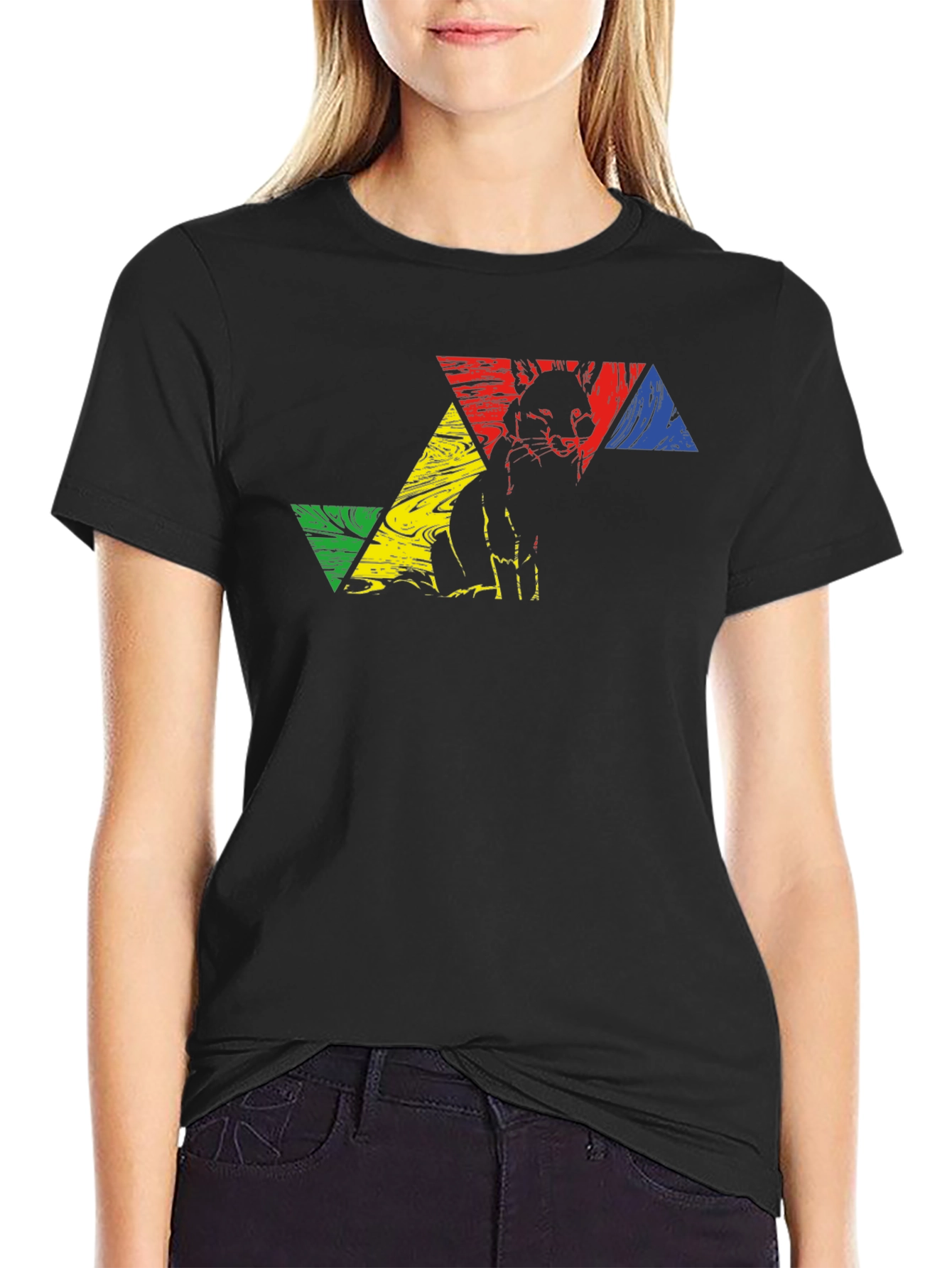 Geometric Fox Graphic Tee - Black Crew Neck