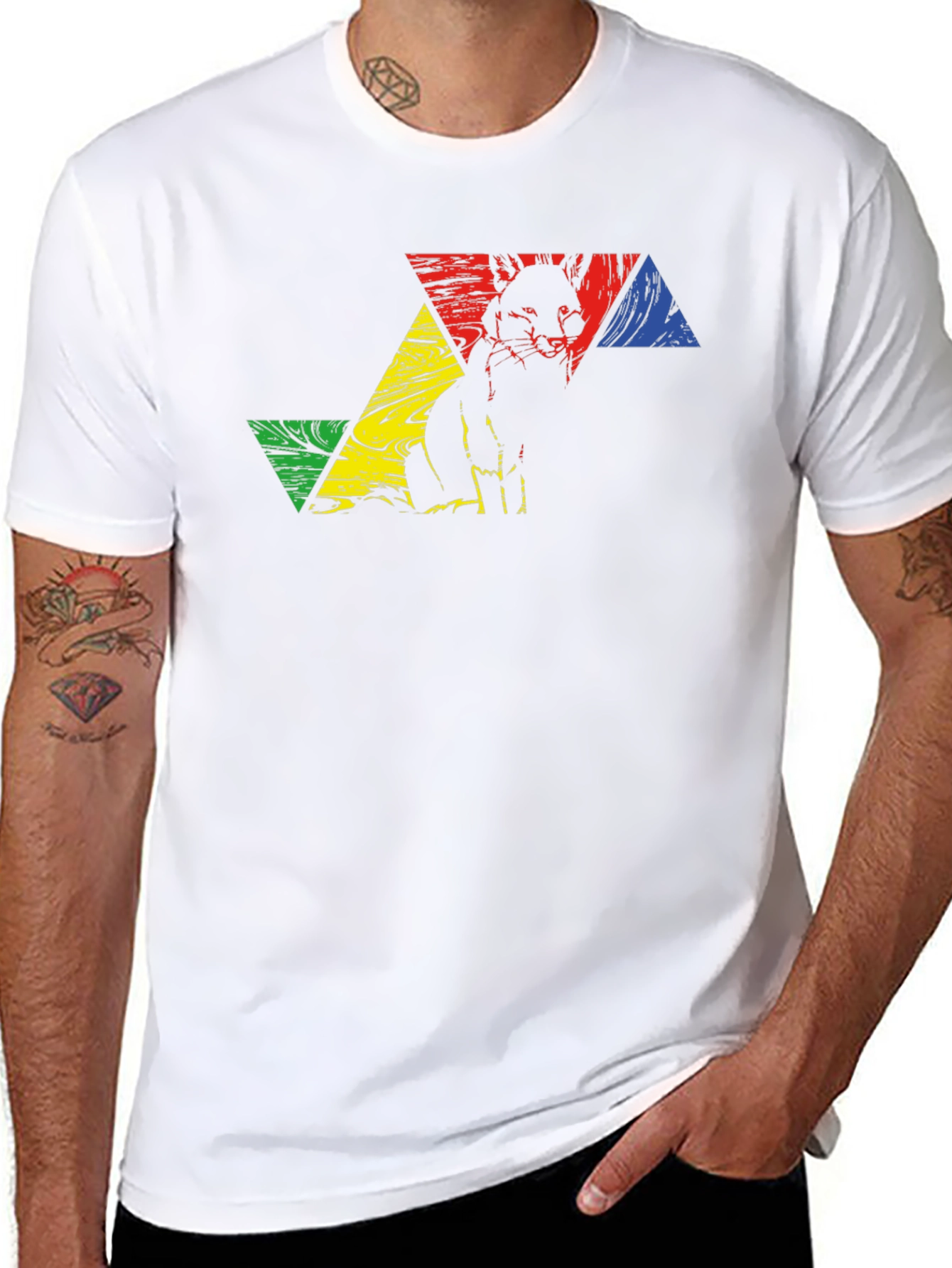 Geometric Fox Graphic Tee - Black Crew Neck