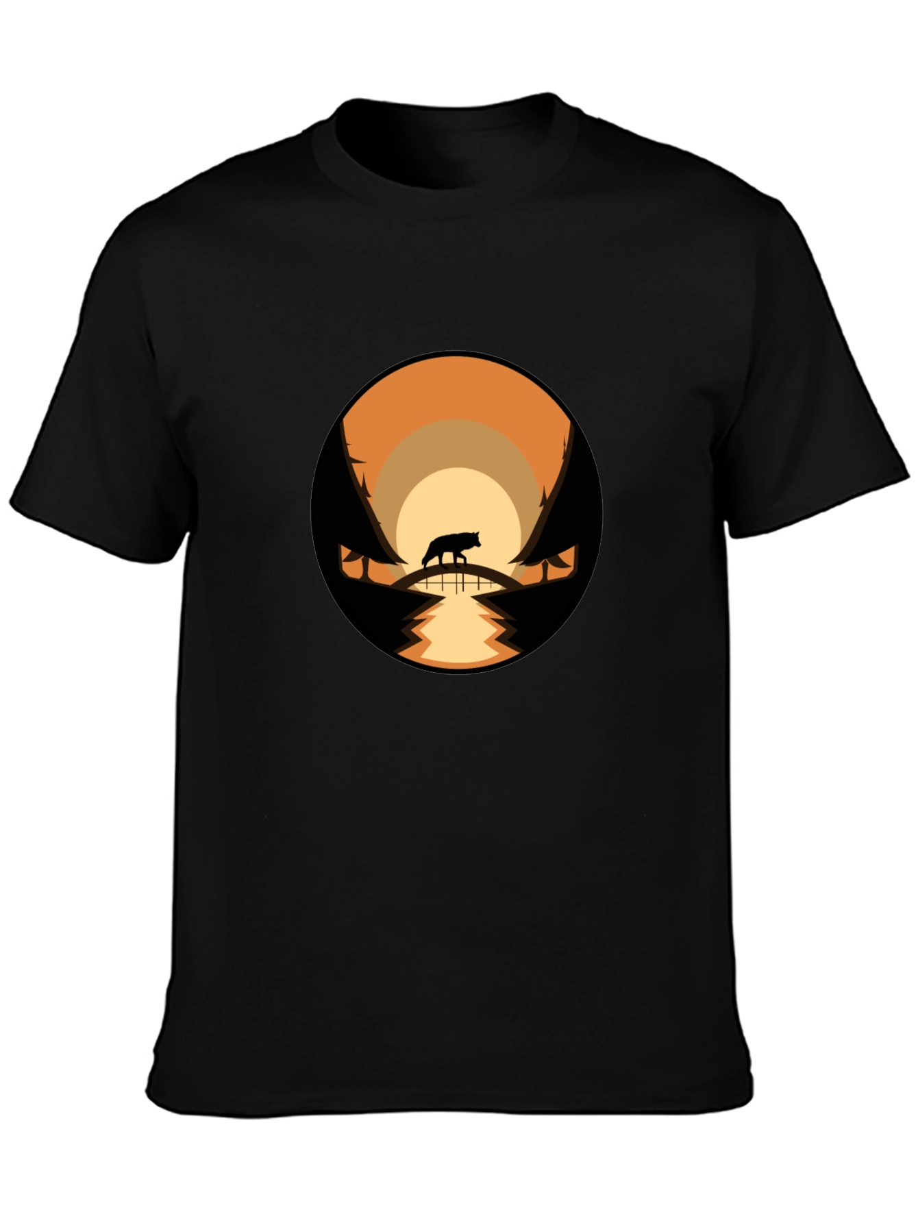 Mens Black T-Shirt with Wolf Landscape Design