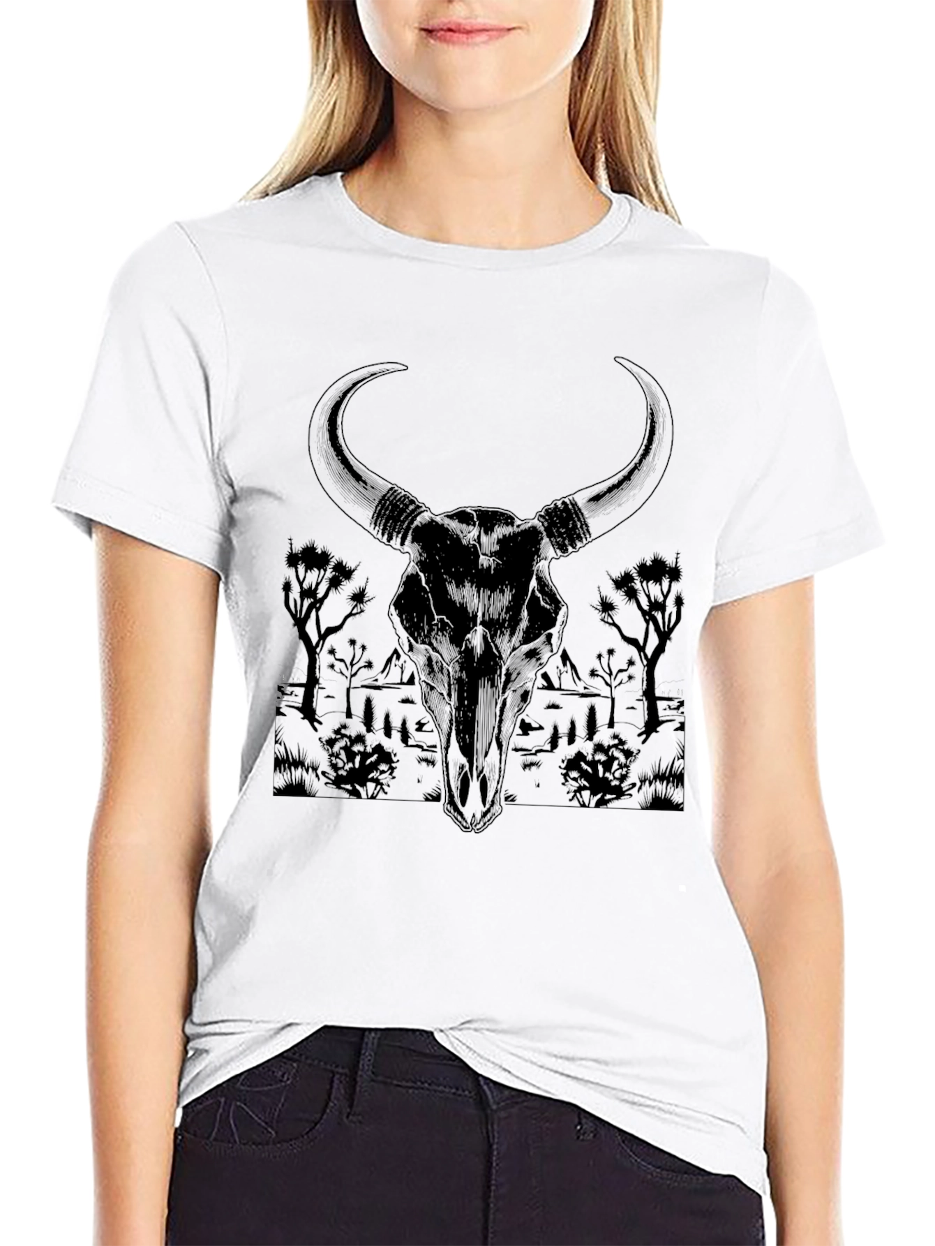 Black Bull Skull Graphic Tee - Desert Scene