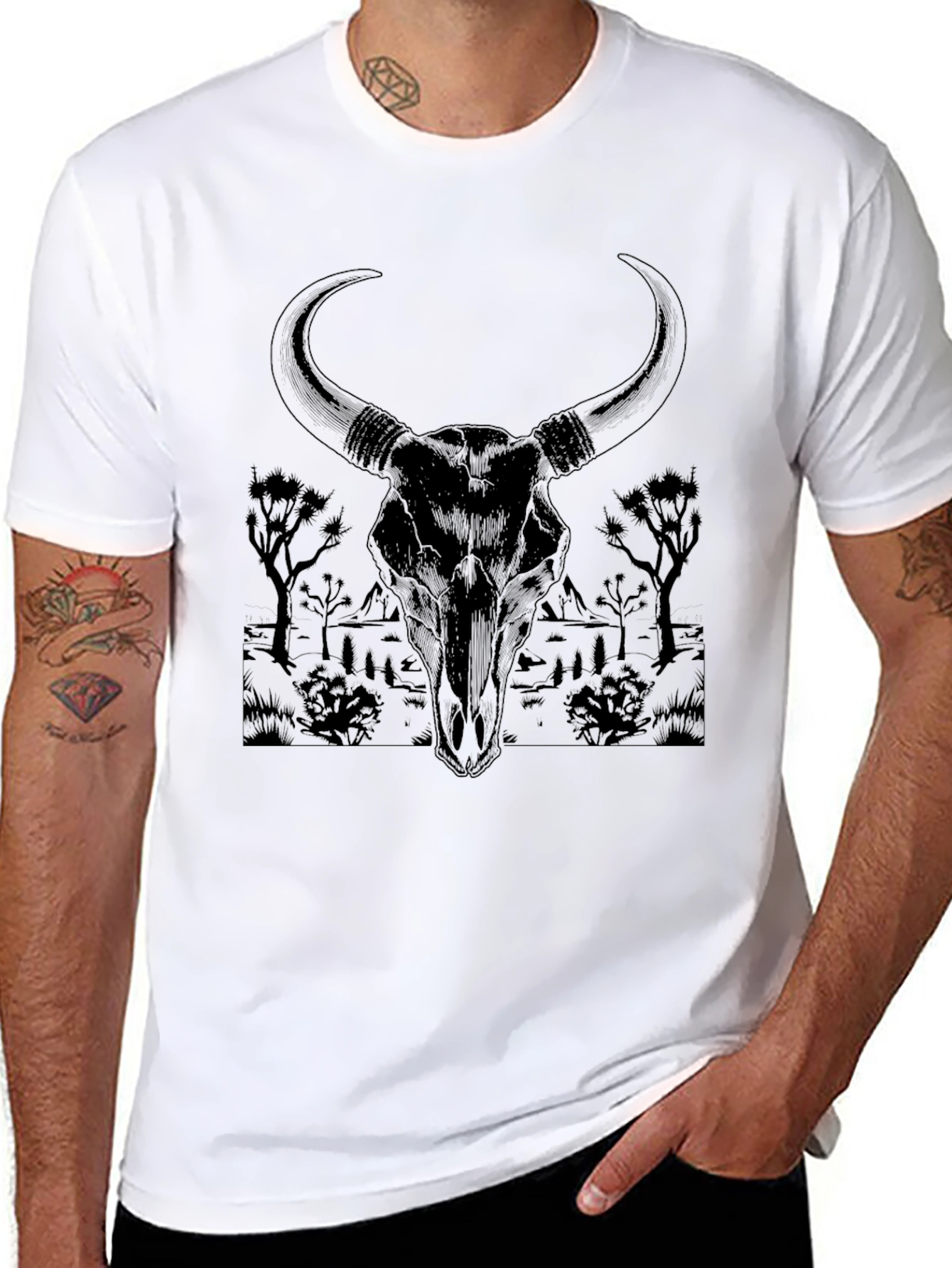 Black Bull Skull Graphic Tee - Desert Scene