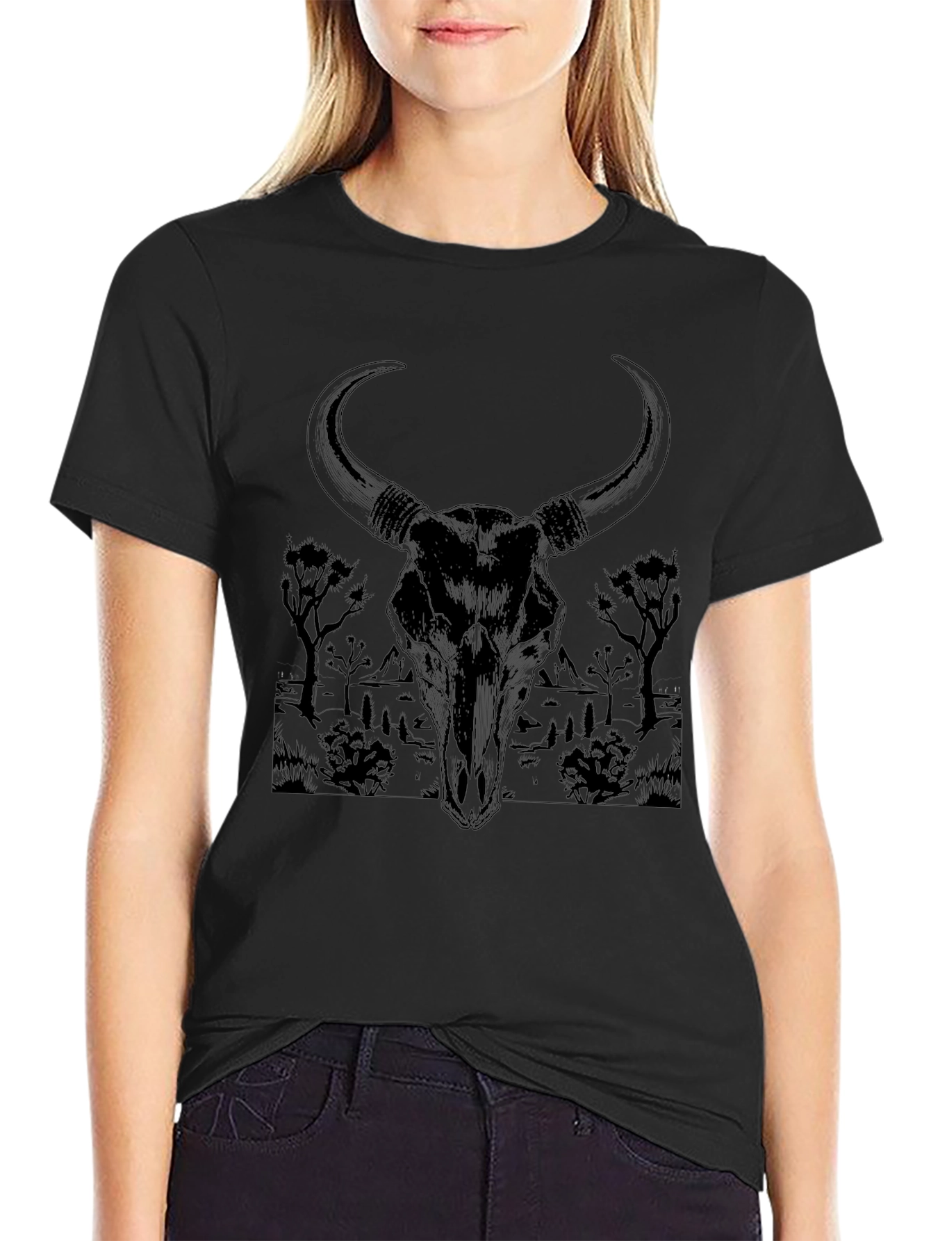 Black Bull Skull Graphic Tee - Desert Scene