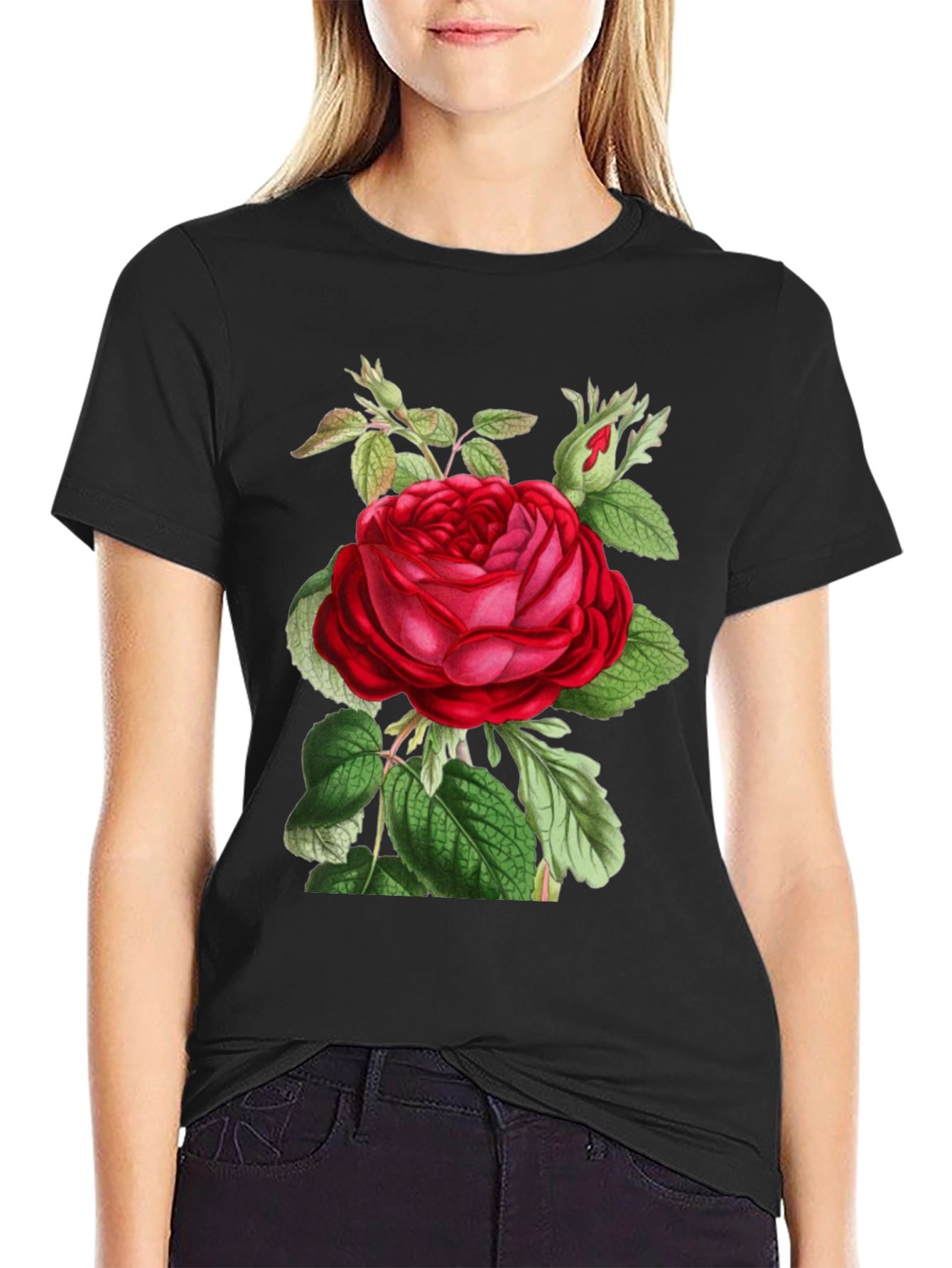 Elegant Rose Graphic Black T-Shirt