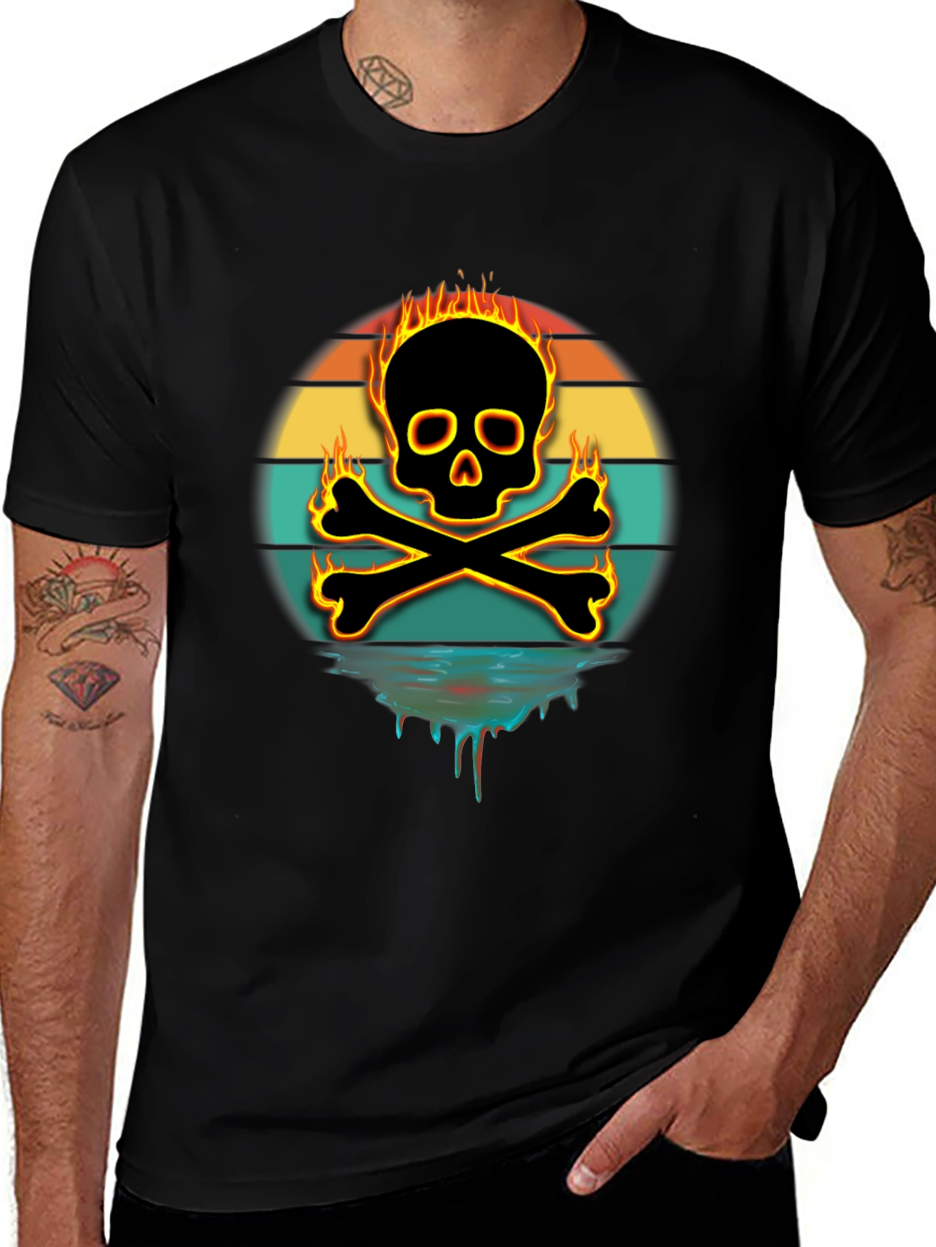 Fiery Skull & Crossbones Graphic Tee - Black