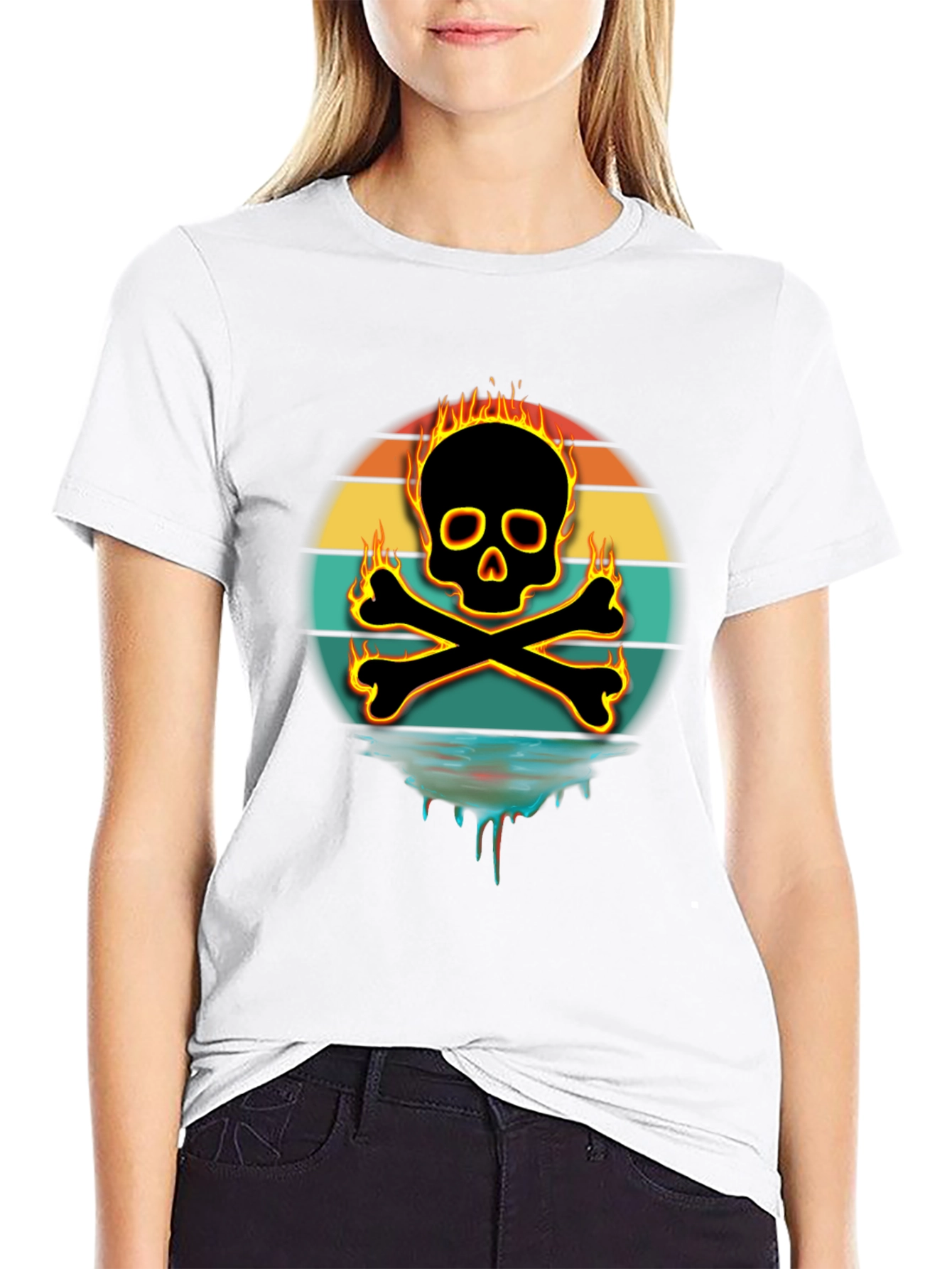 Fiery Skull & Crossbones Graphic Tee - Black