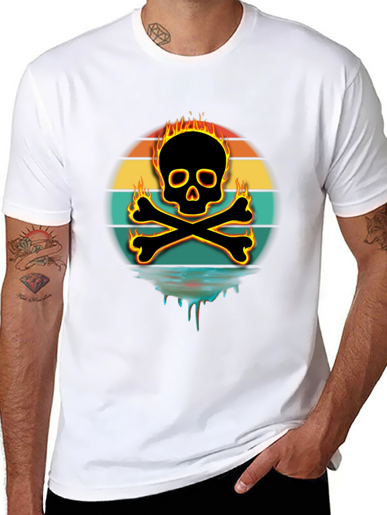 Fiery Skull & Crossbones Graphic Tee - Black