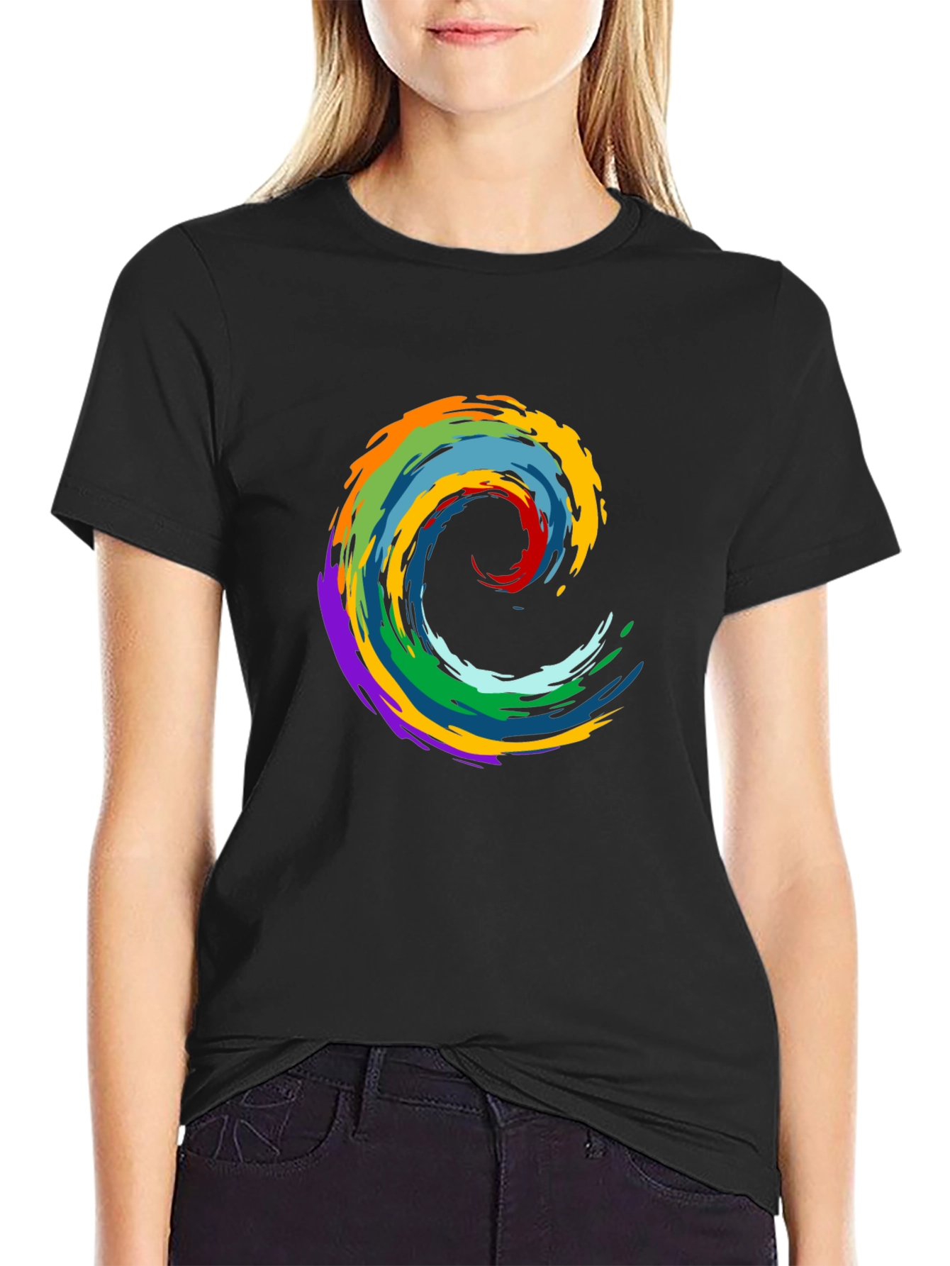 Rainbow Wave Graphic Black T-Shirt