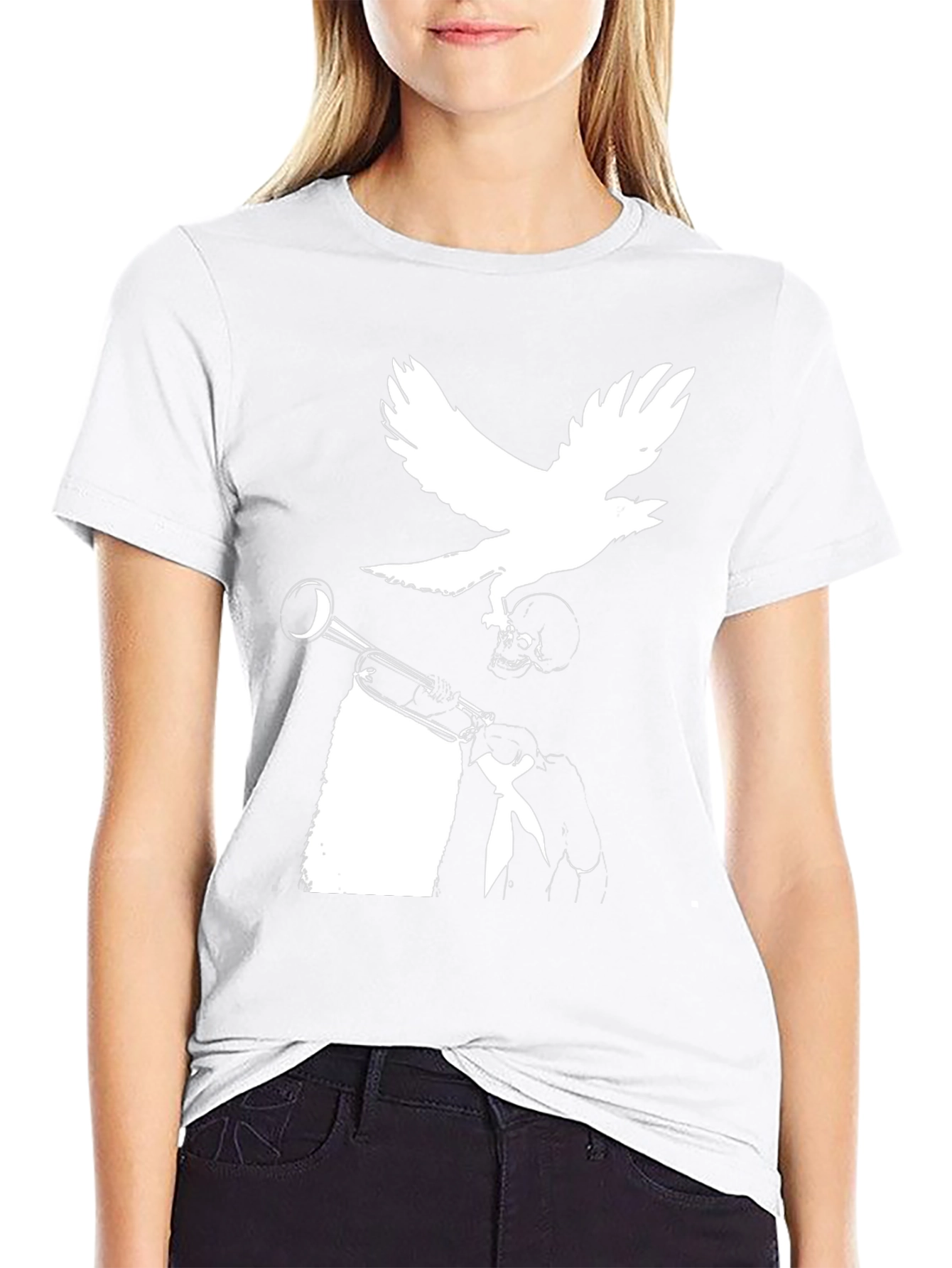 Raven Trumpet Skull Graphic Tee - Black