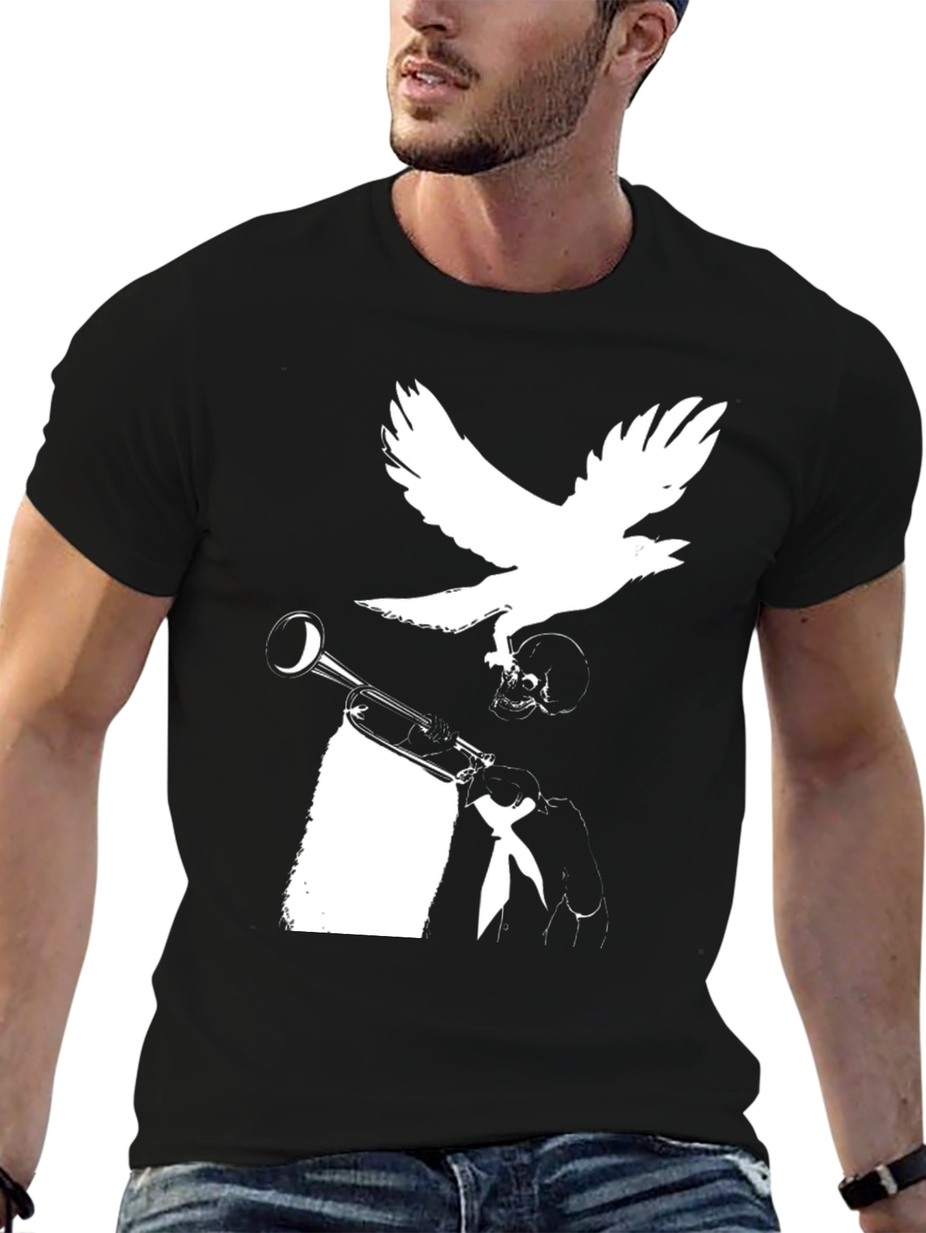 Raven Trumpet Skull Graphic Tee - Black