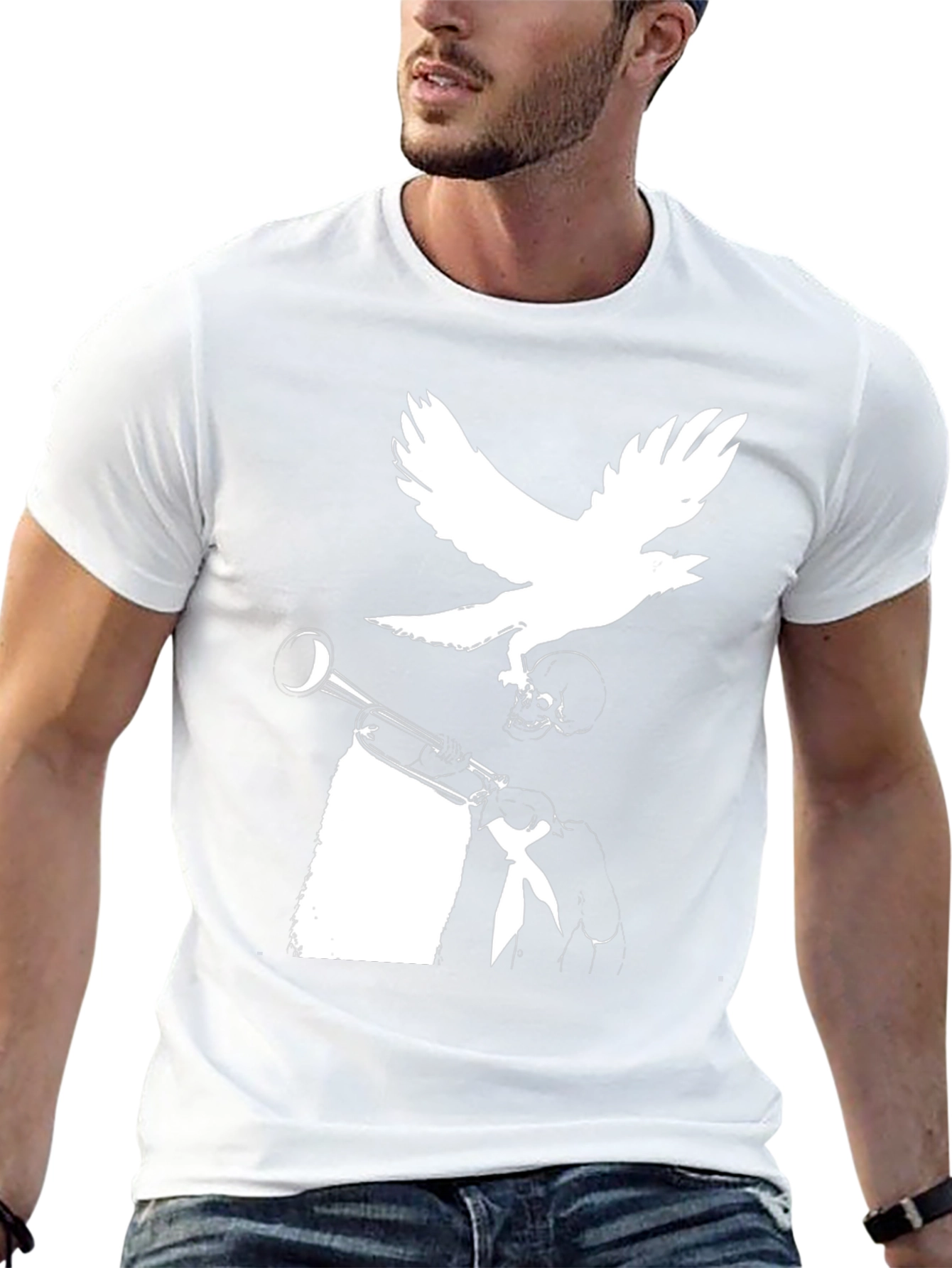 Raven Trumpet Skull Graphic Tee - Black
