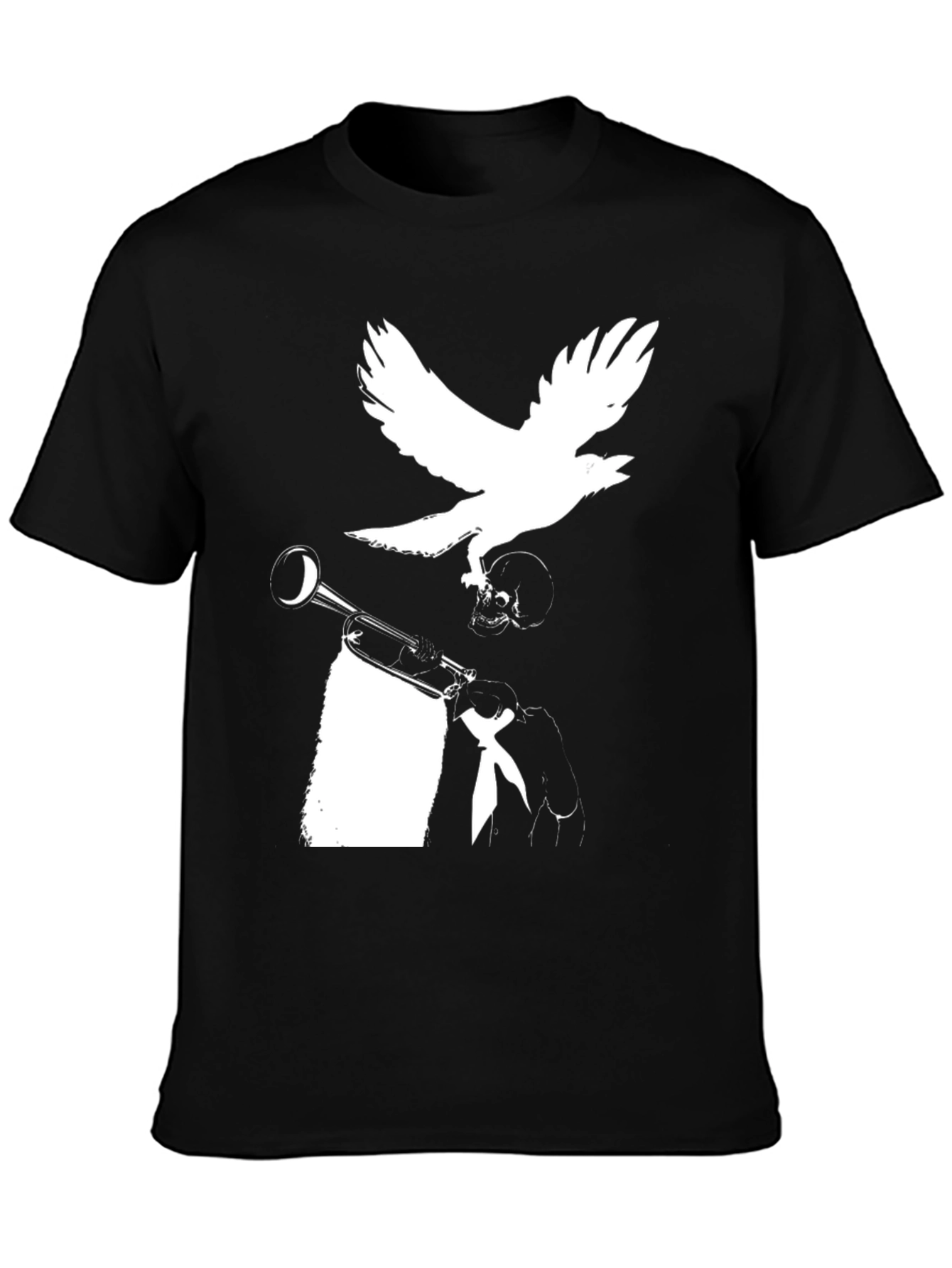 Raven Trumpet Skull Graphic Tee - Black