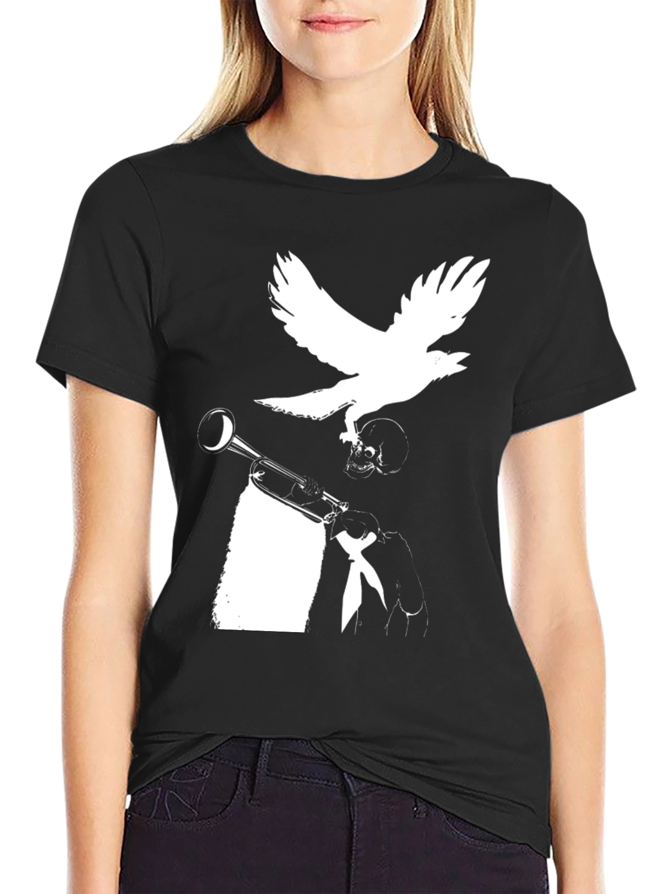 Raven Trumpet Skull Graphic Tee - Black
