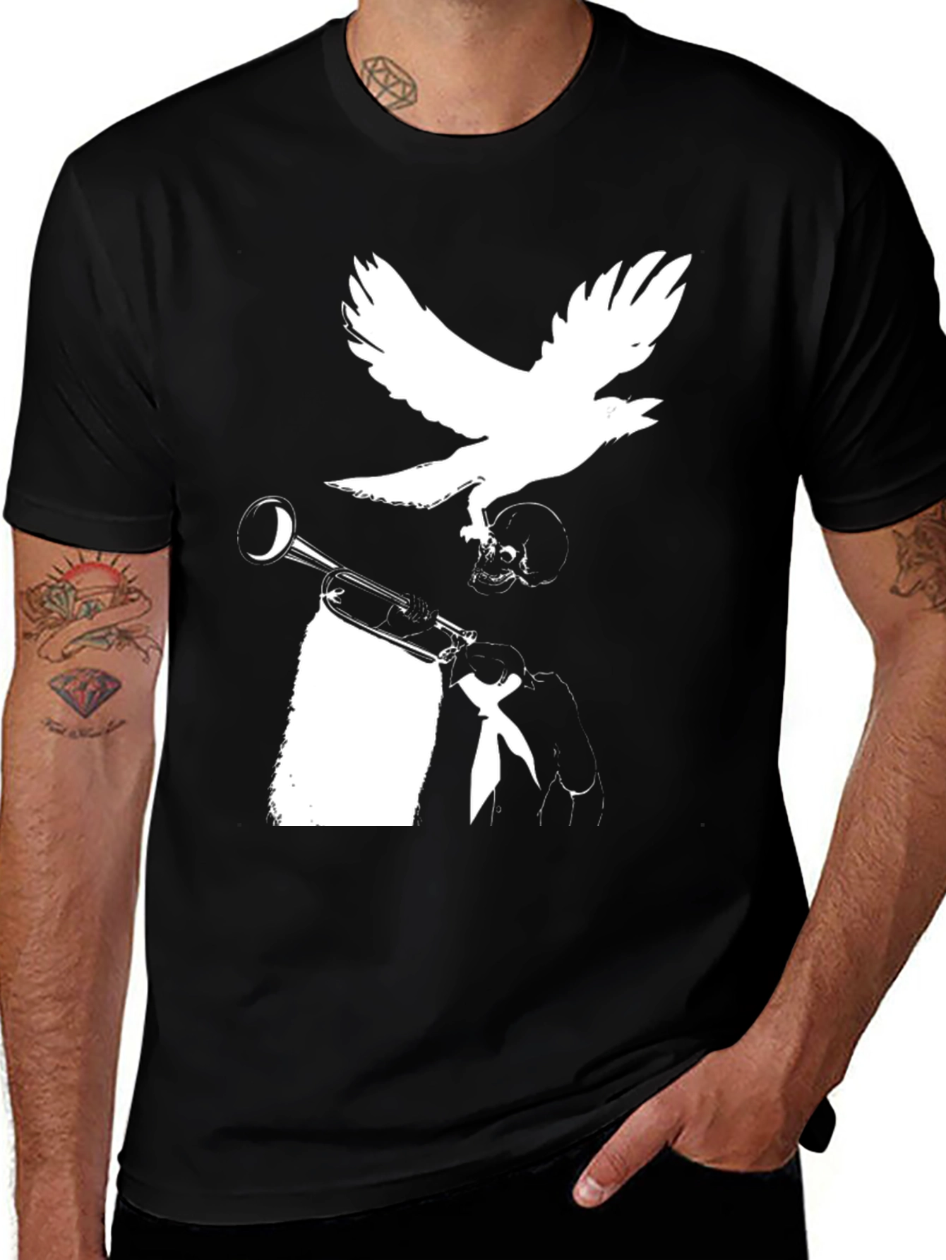 Raven Trumpet Skull Graphic Tee - Black