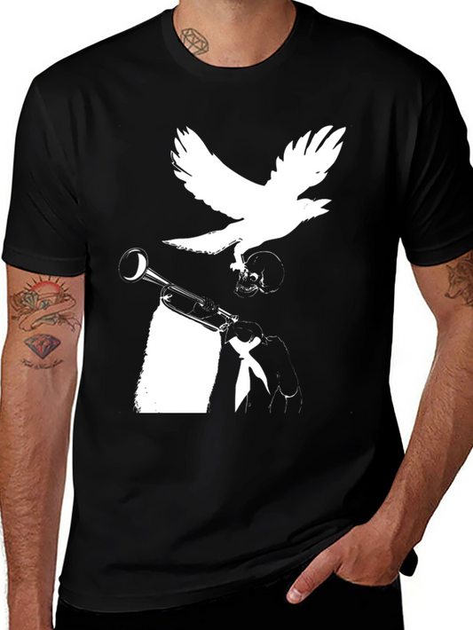 Raven Trumpet Skull Graphic Tee - Black