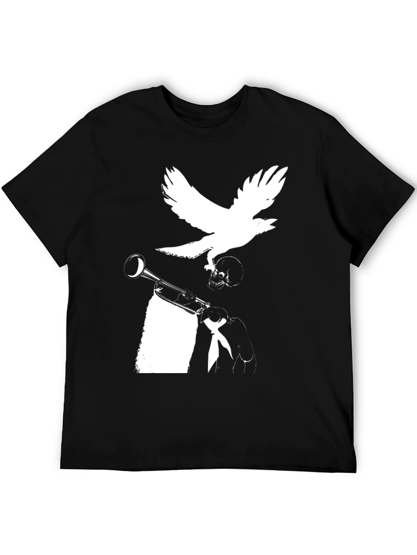 Raven Trumpet Skull Graphic Tee - Black