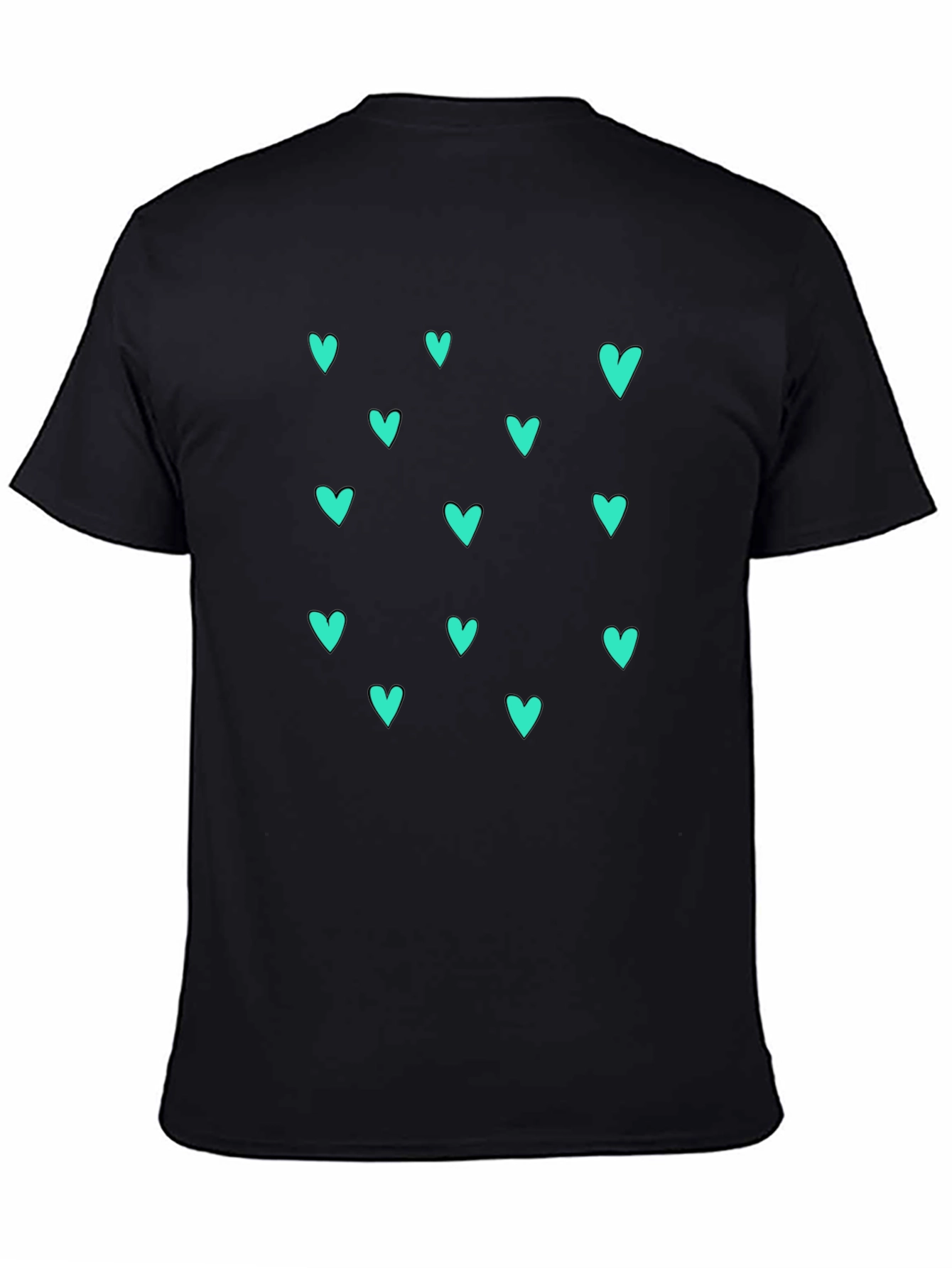 Trendy Black T-Shirt with Teal Heart Pattern