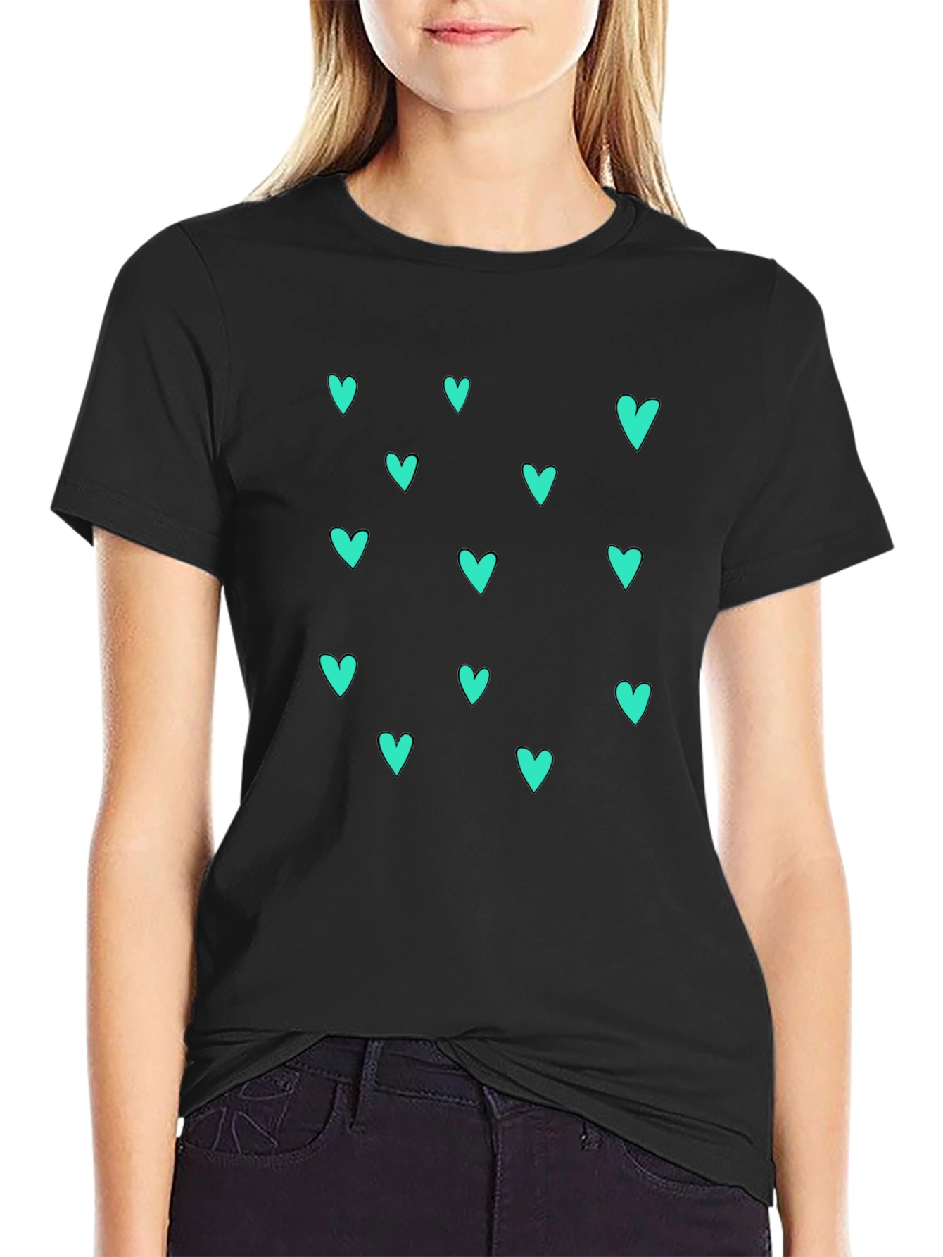 Trendy Black T-Shirt with Teal Heart Pattern