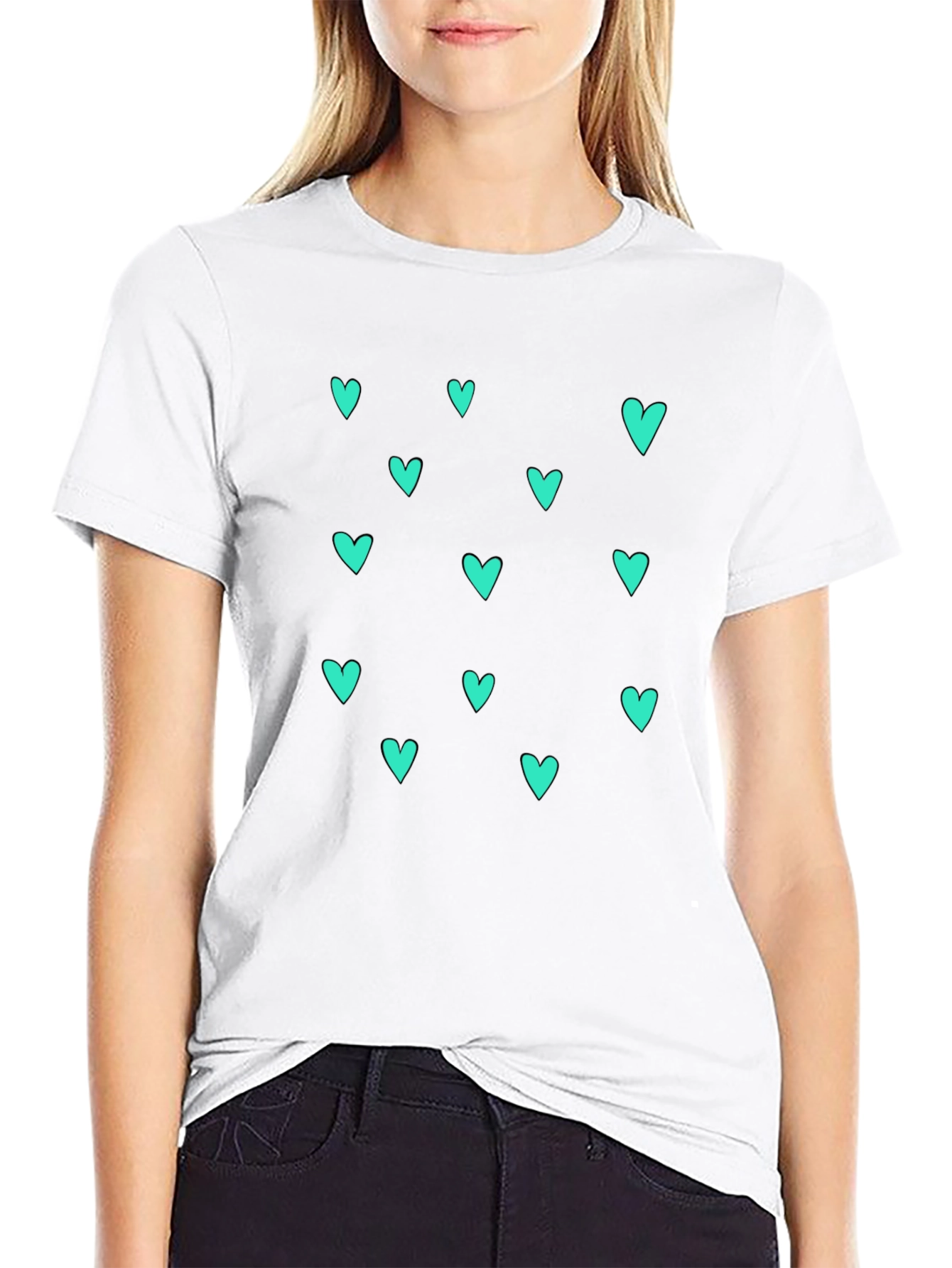 Trendy Black T-Shirt with Teal Heart Pattern
