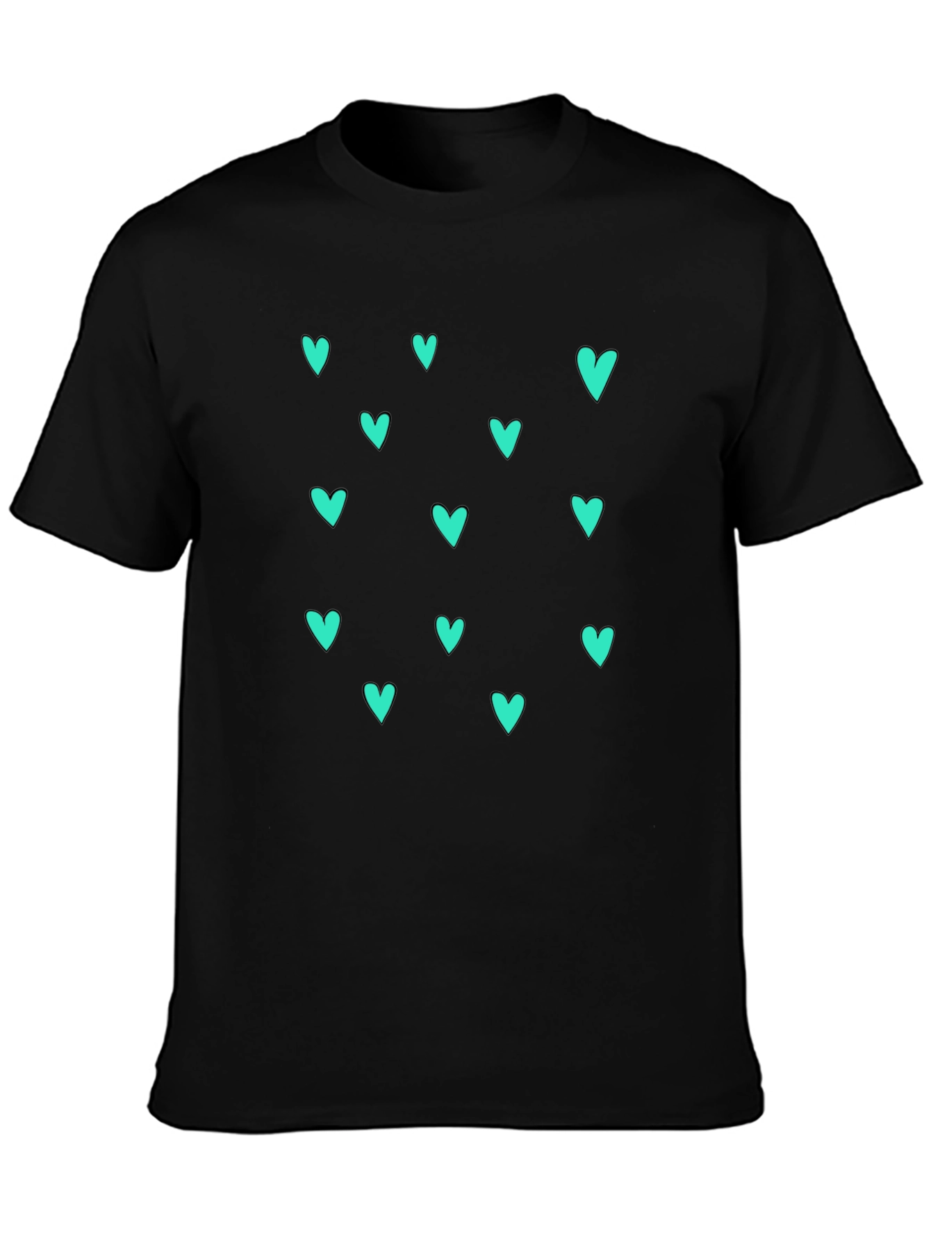 Trendy Black T-Shirt with Teal Heart Pattern
