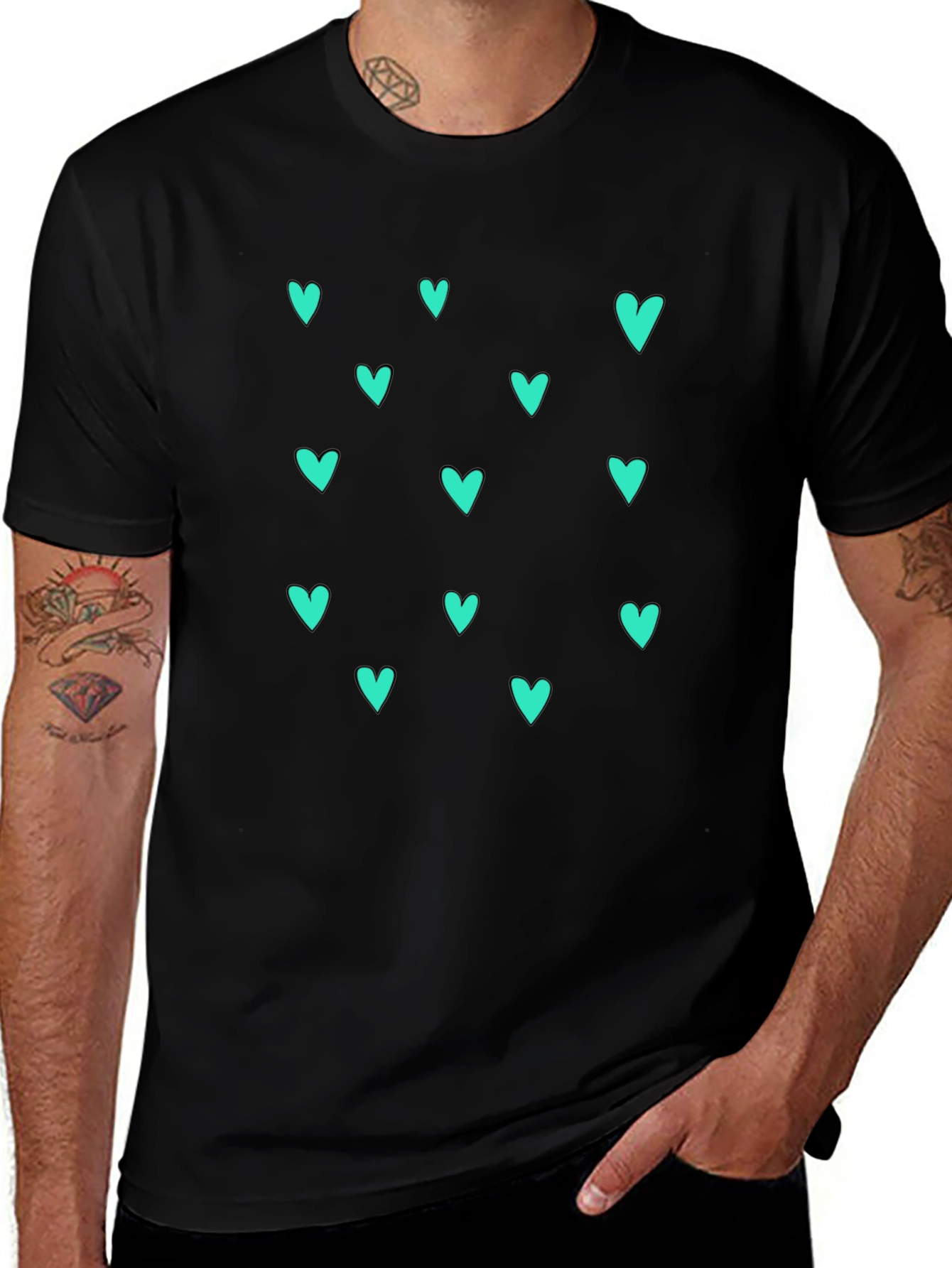Trendy Black T-Shirt with Teal Heart Pattern