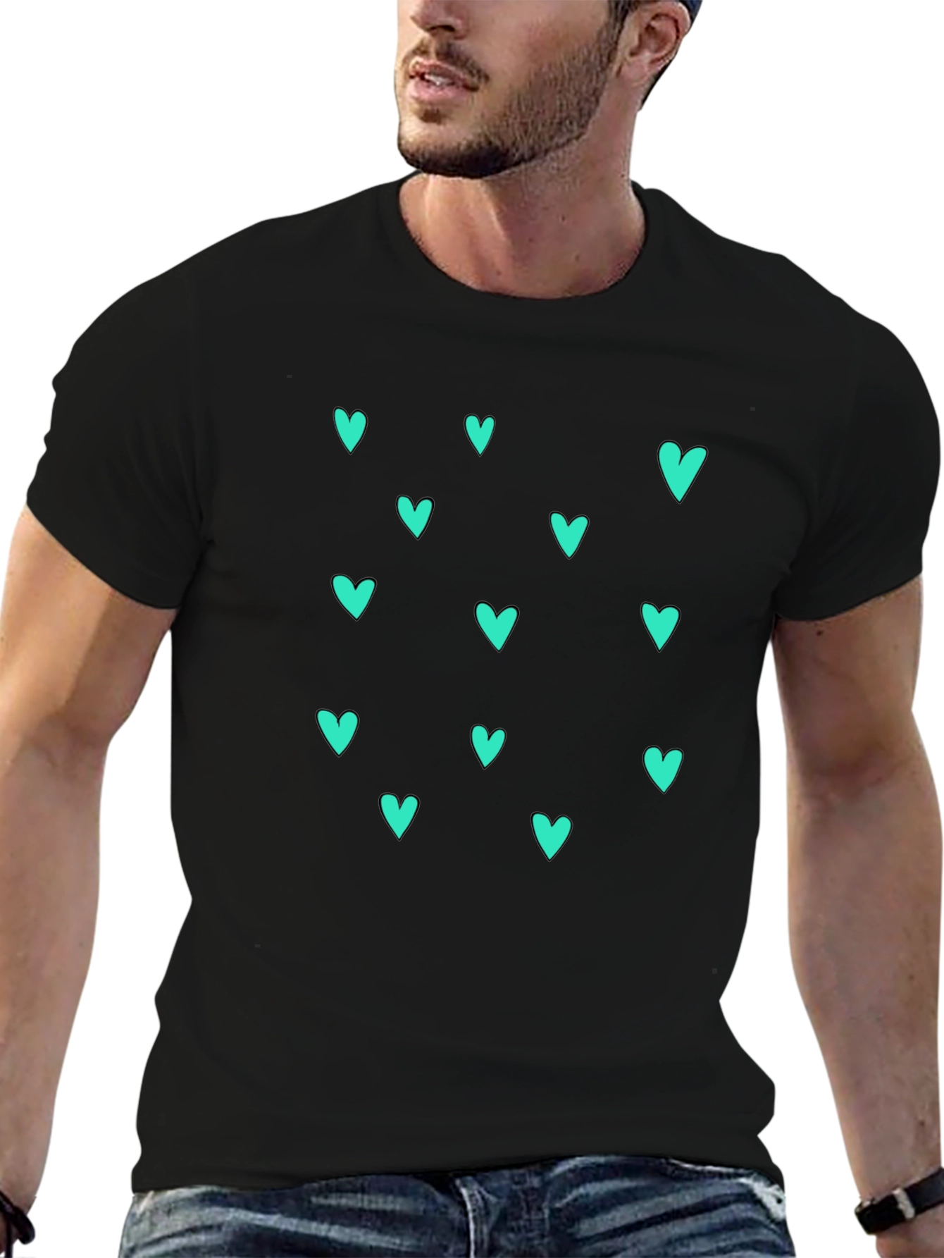 Trendy Black T-Shirt with Teal Heart Pattern