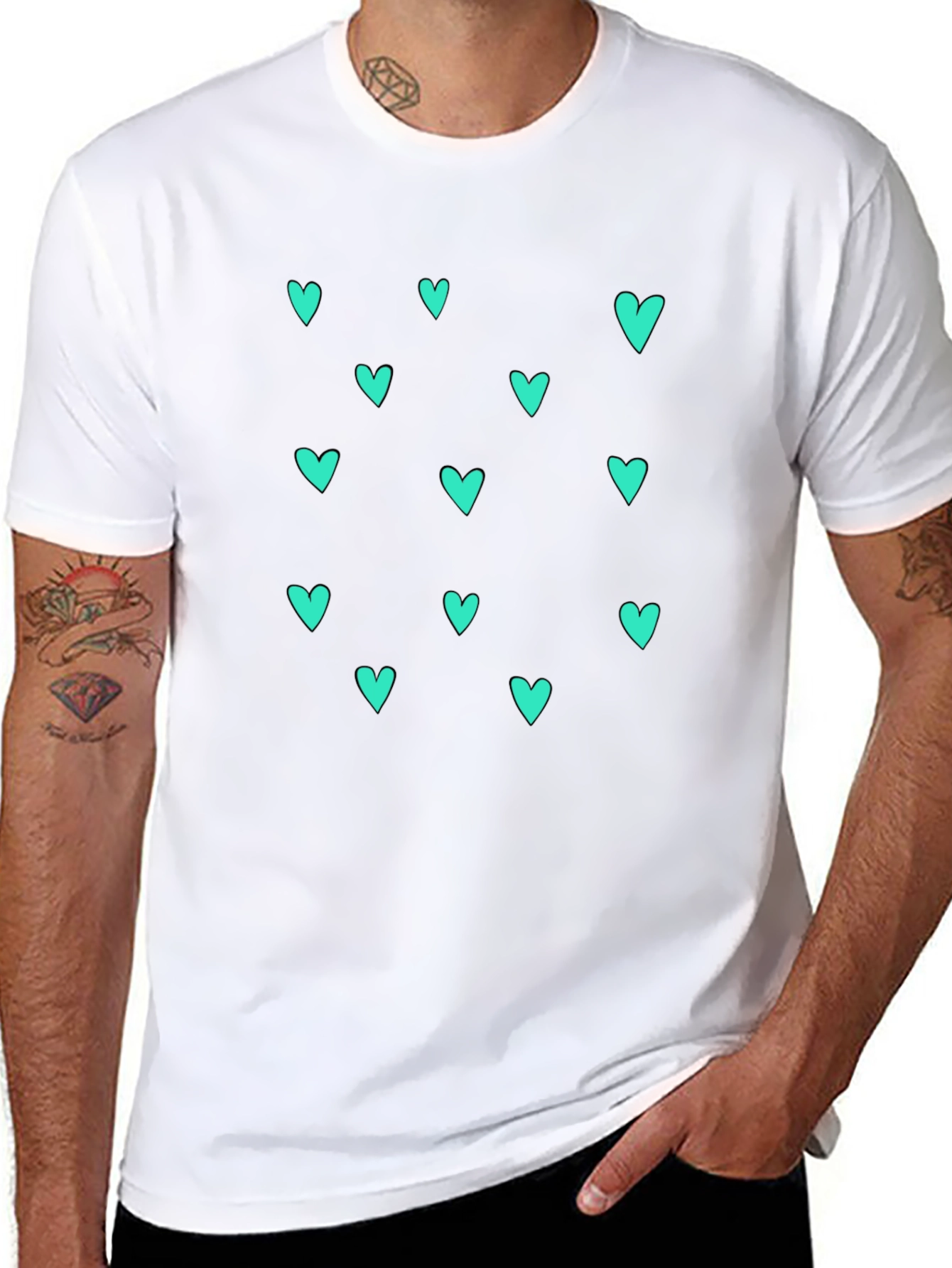 Trendy Black T-Shirt with Teal Heart Pattern
