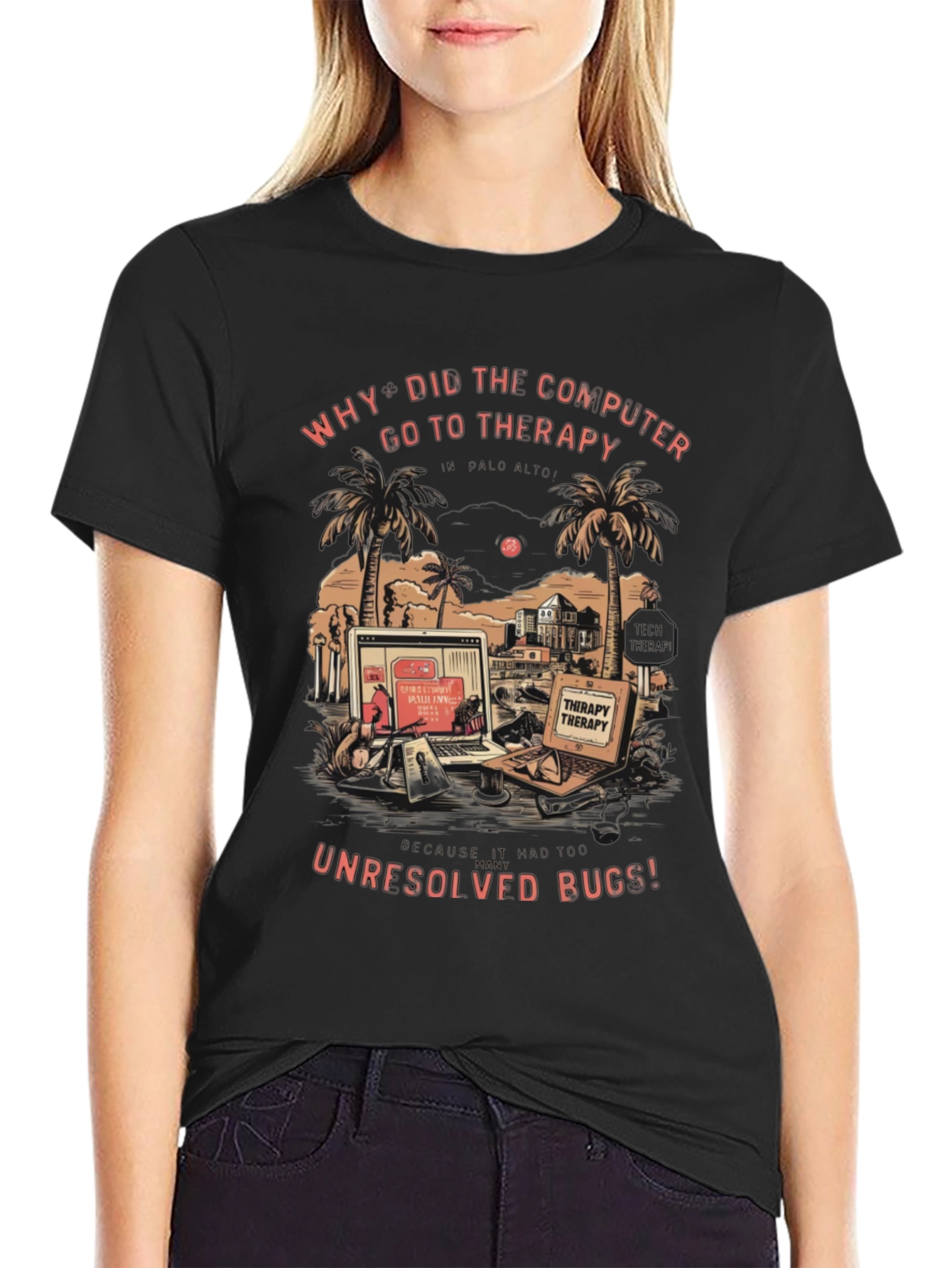 Therapy Computer Humor Black Graphic Tee