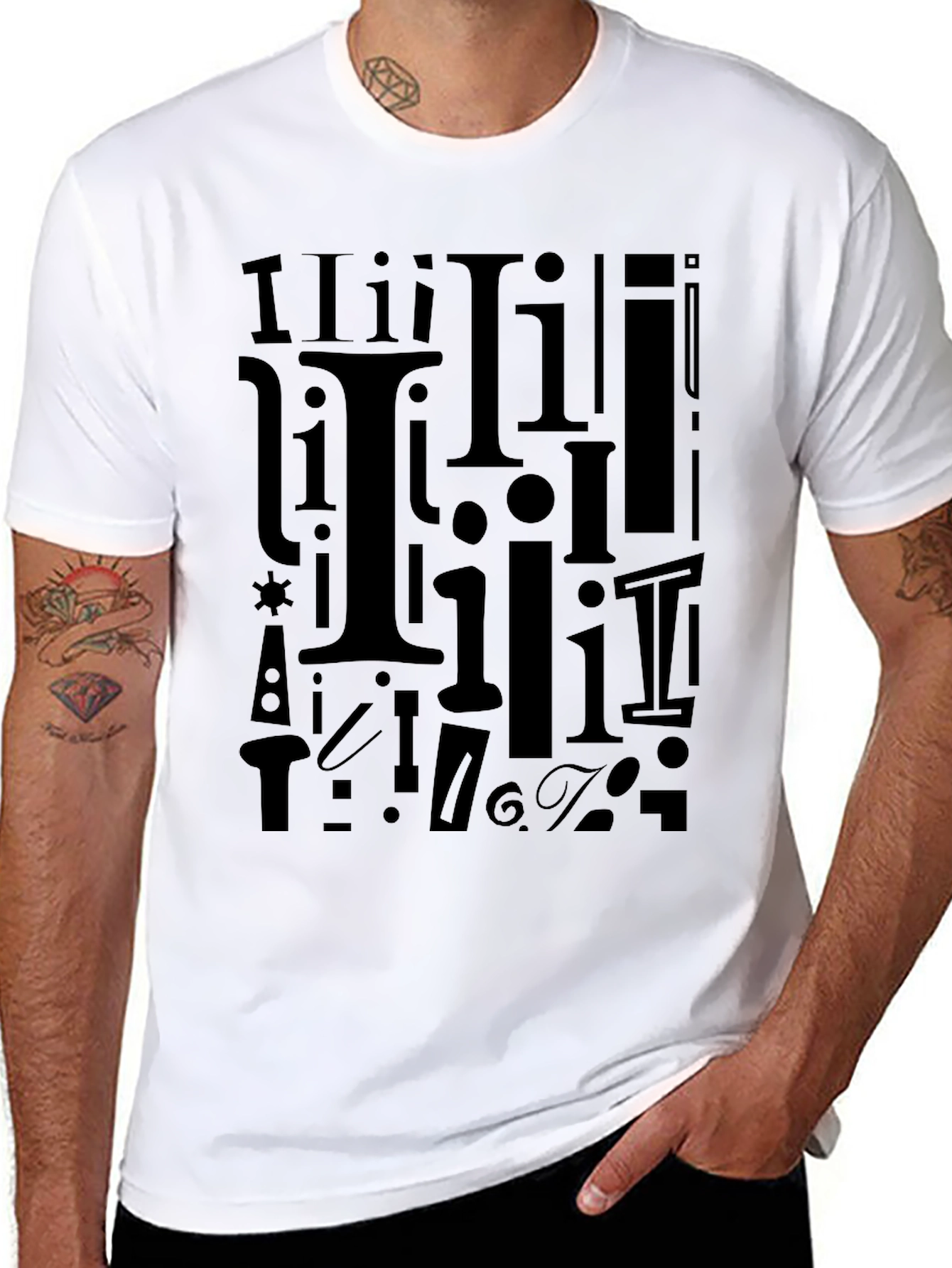 I Pattern Black Crew Neck T-Shirt