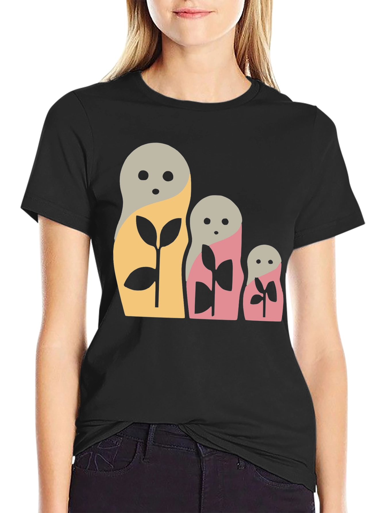 Matryoshka Doll Graphic Tee - Black Cotton Blend