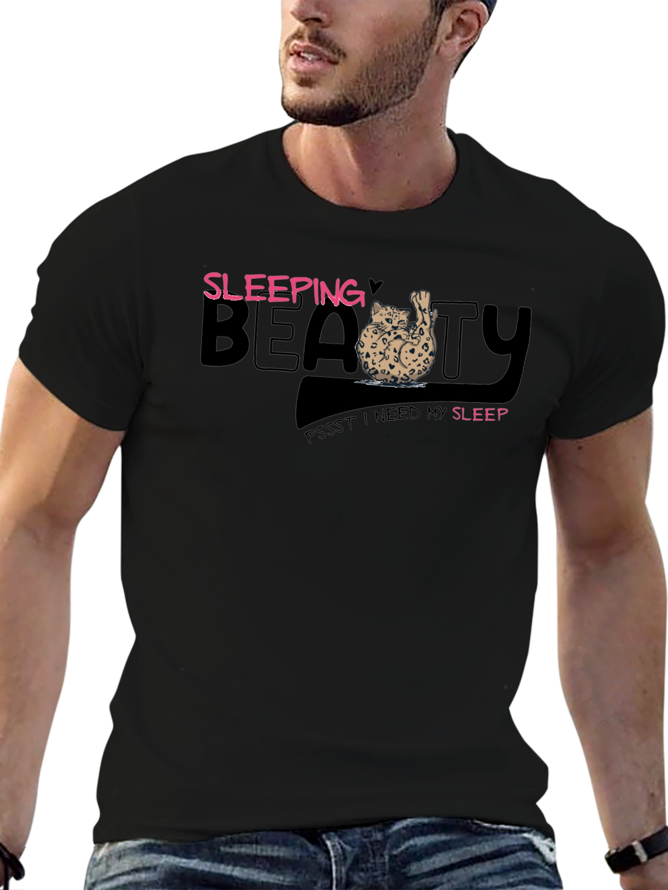 Sleeping Beauty Cat Graphic Tee - Mens Black T-Shirt