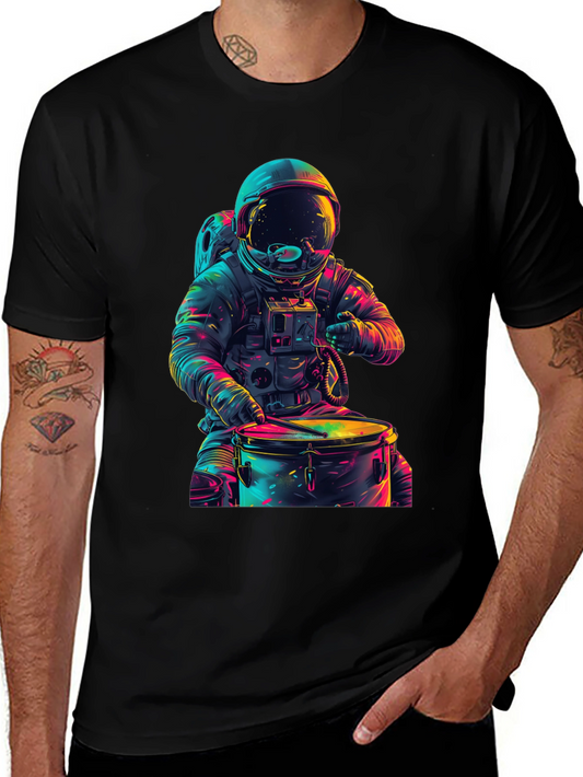 Astronaut Drummer Graphic Tee - Cosmic Beats T-Shirt