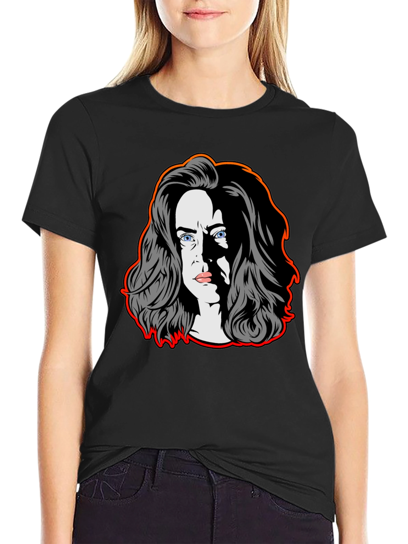Pop Art Woman Graphic Tee - Black Cotton Blend