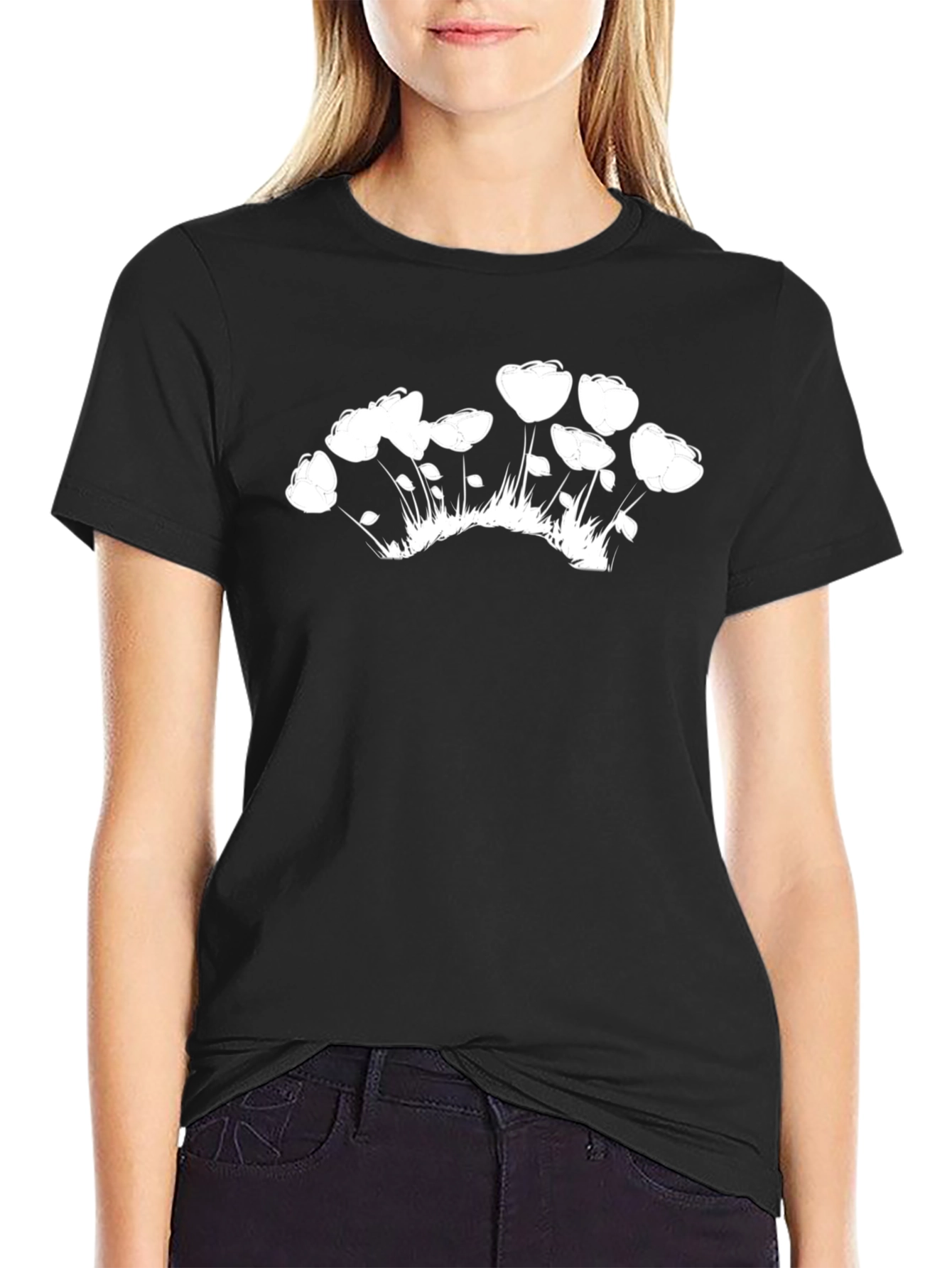 Black Tee with White Floral Graphic
