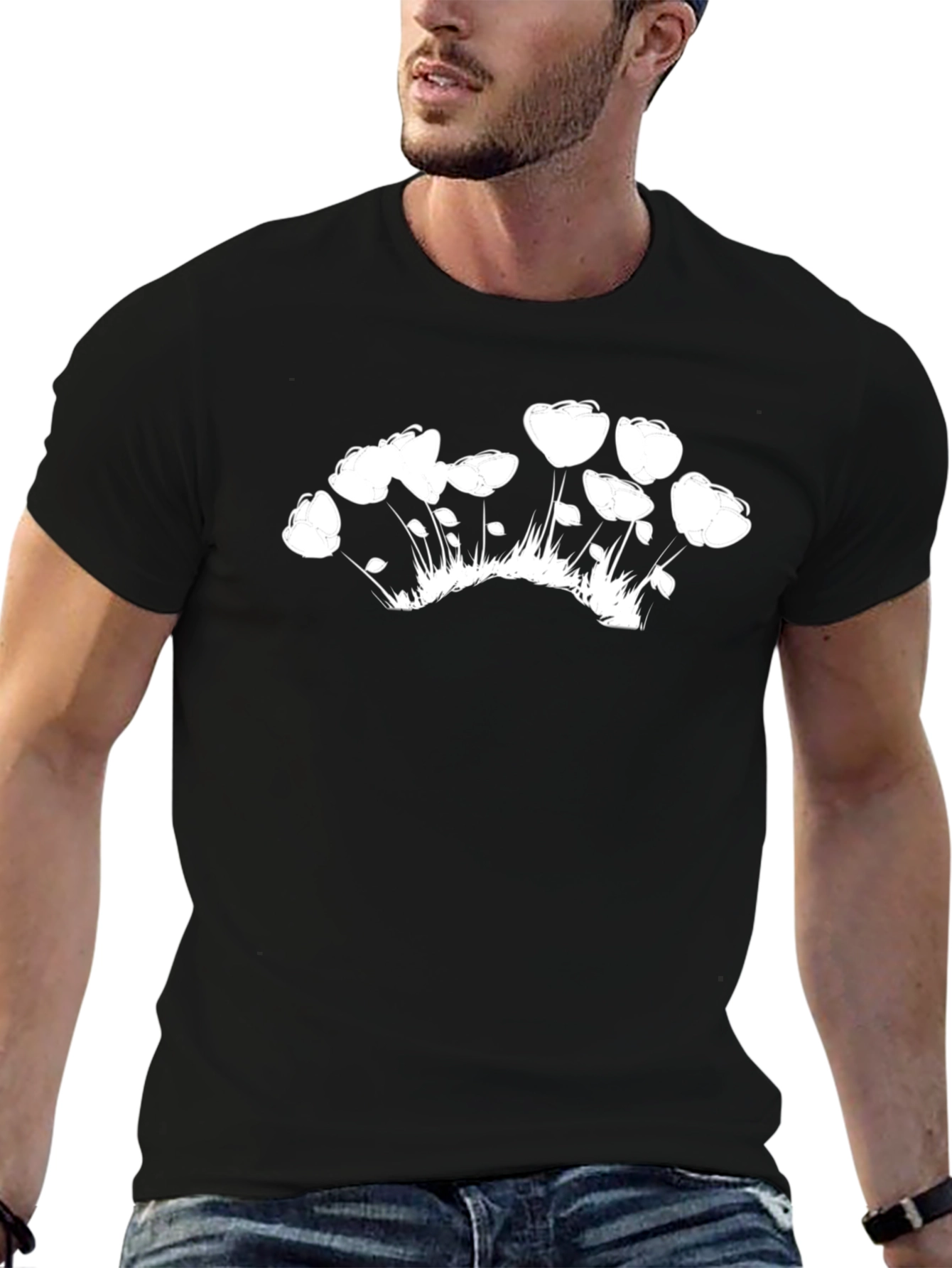 Black Tee with White Floral Graphic