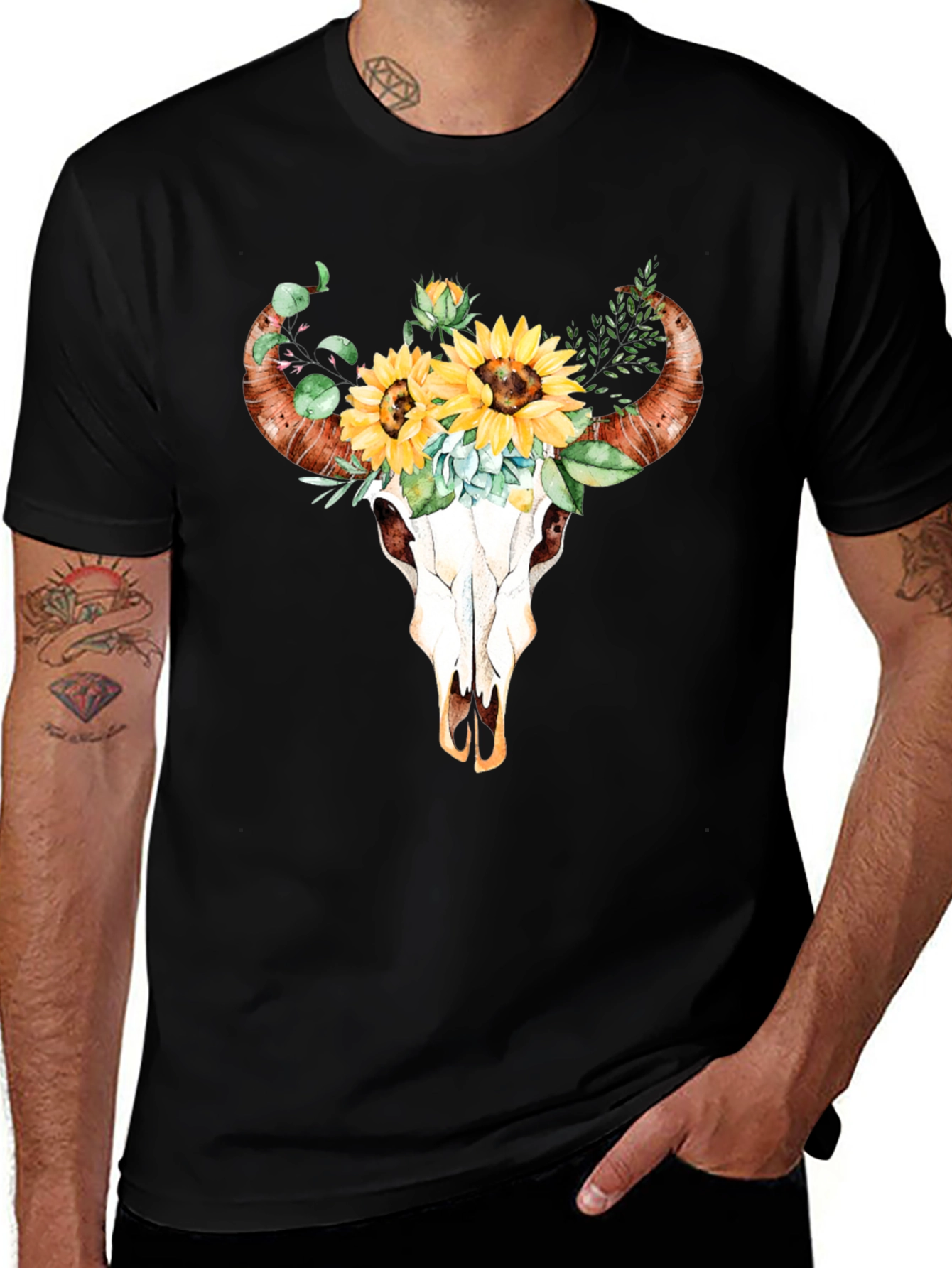 Bull Skull & Sunflower Graphic Tee