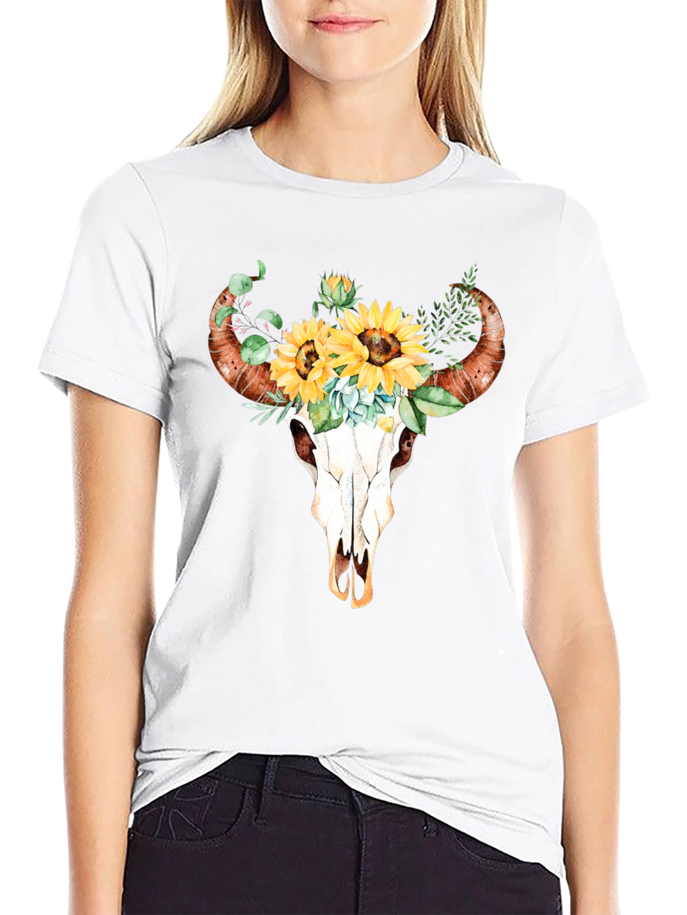 Bull Skull & Sunflower Graphic Tee