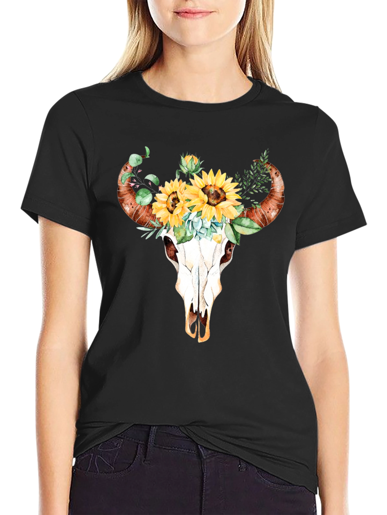 Bull Skull & Sunflower Graphic Tee