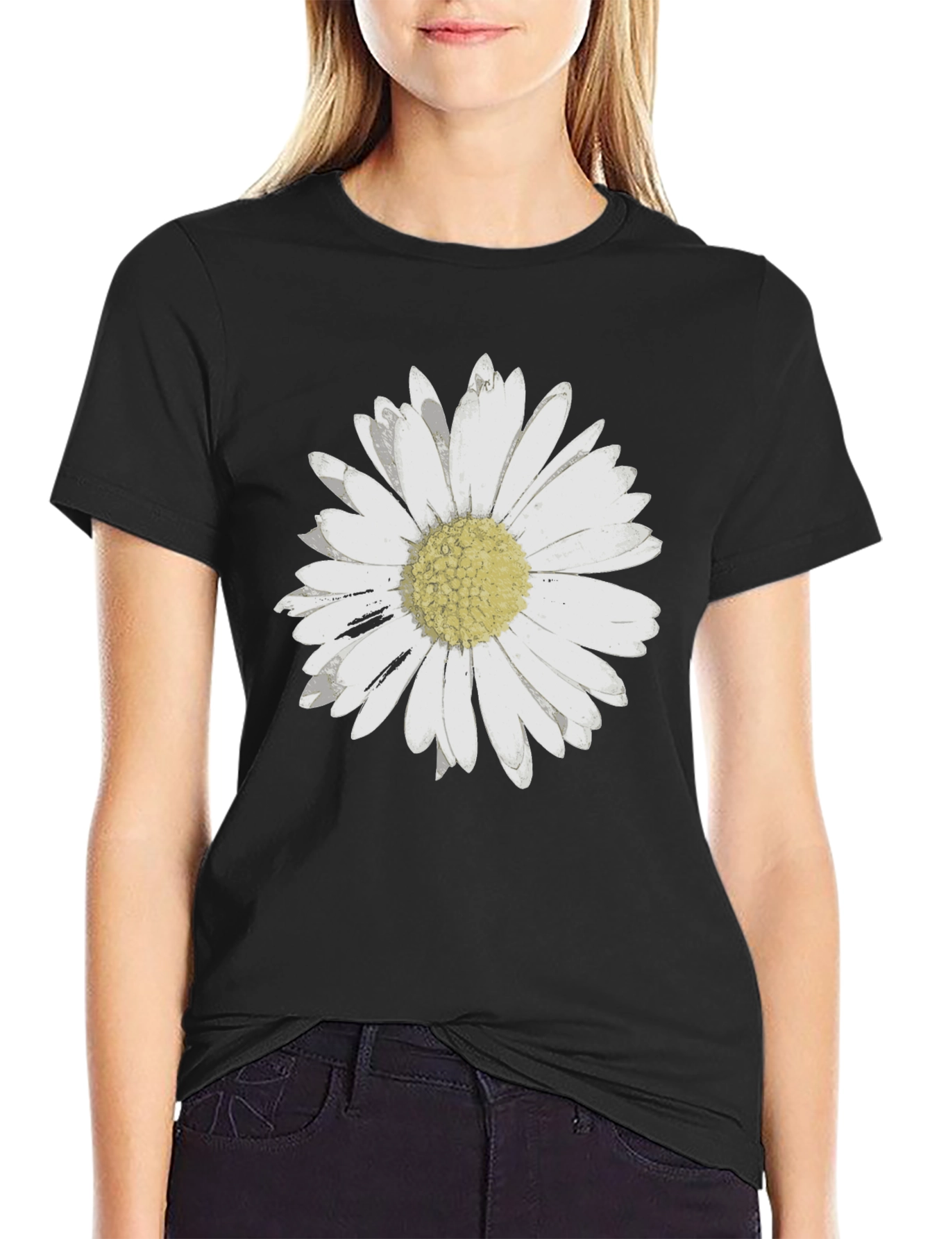 Daisy Flower Graphic Black T-Shirt