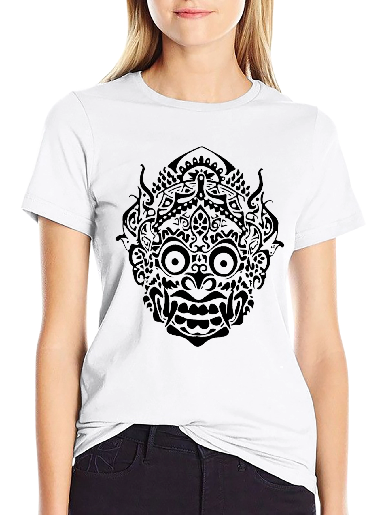 Black T-Shirt with Tribal Mask Graphic