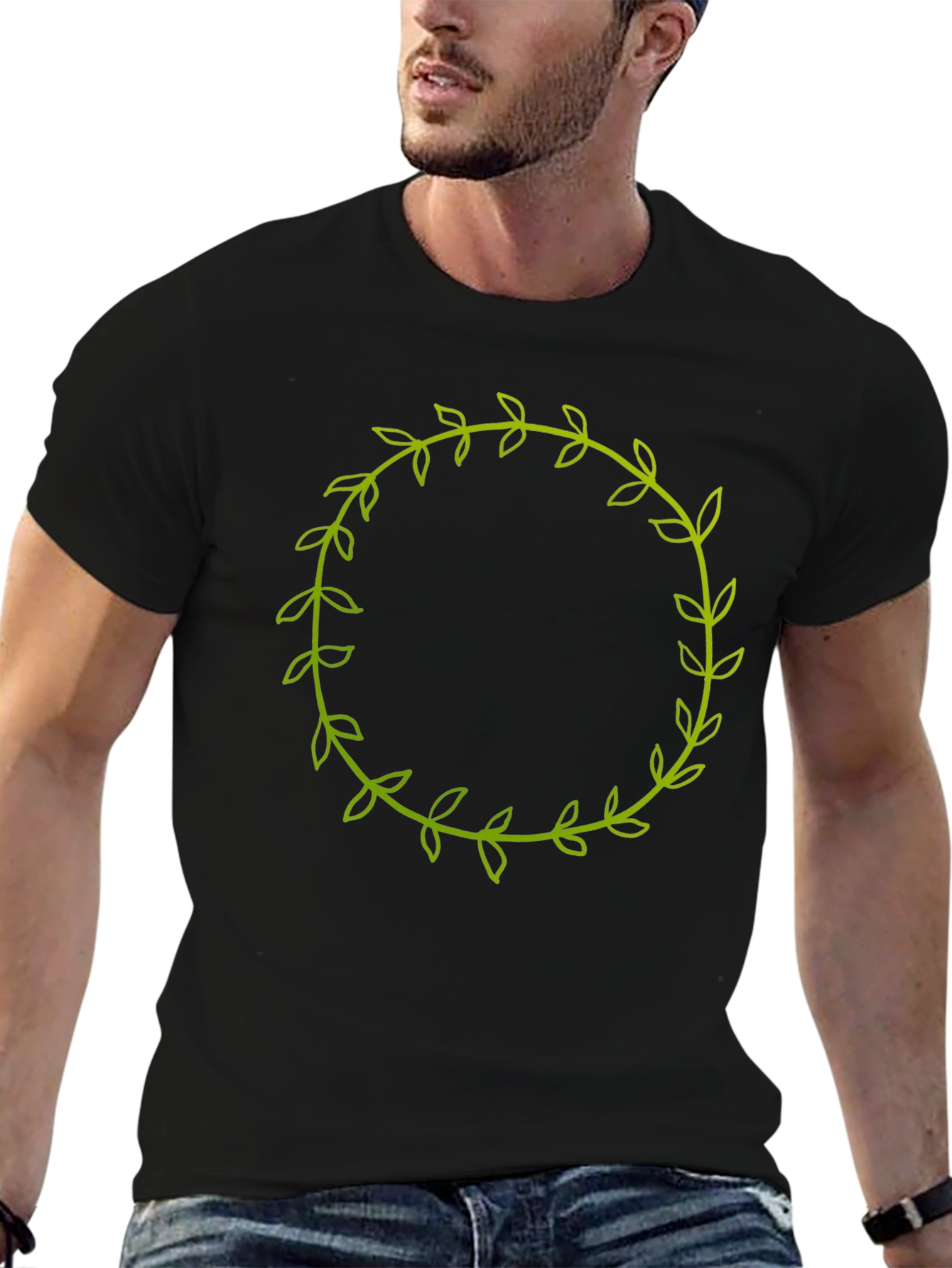 Mens Black T-Shirt with Green Leaf Wreath Design
