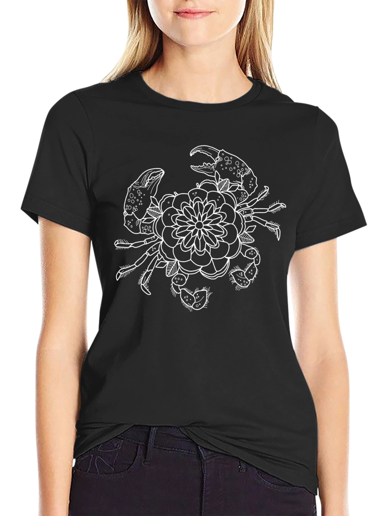 Crab & Floral Graphic Tee - Black Cotton