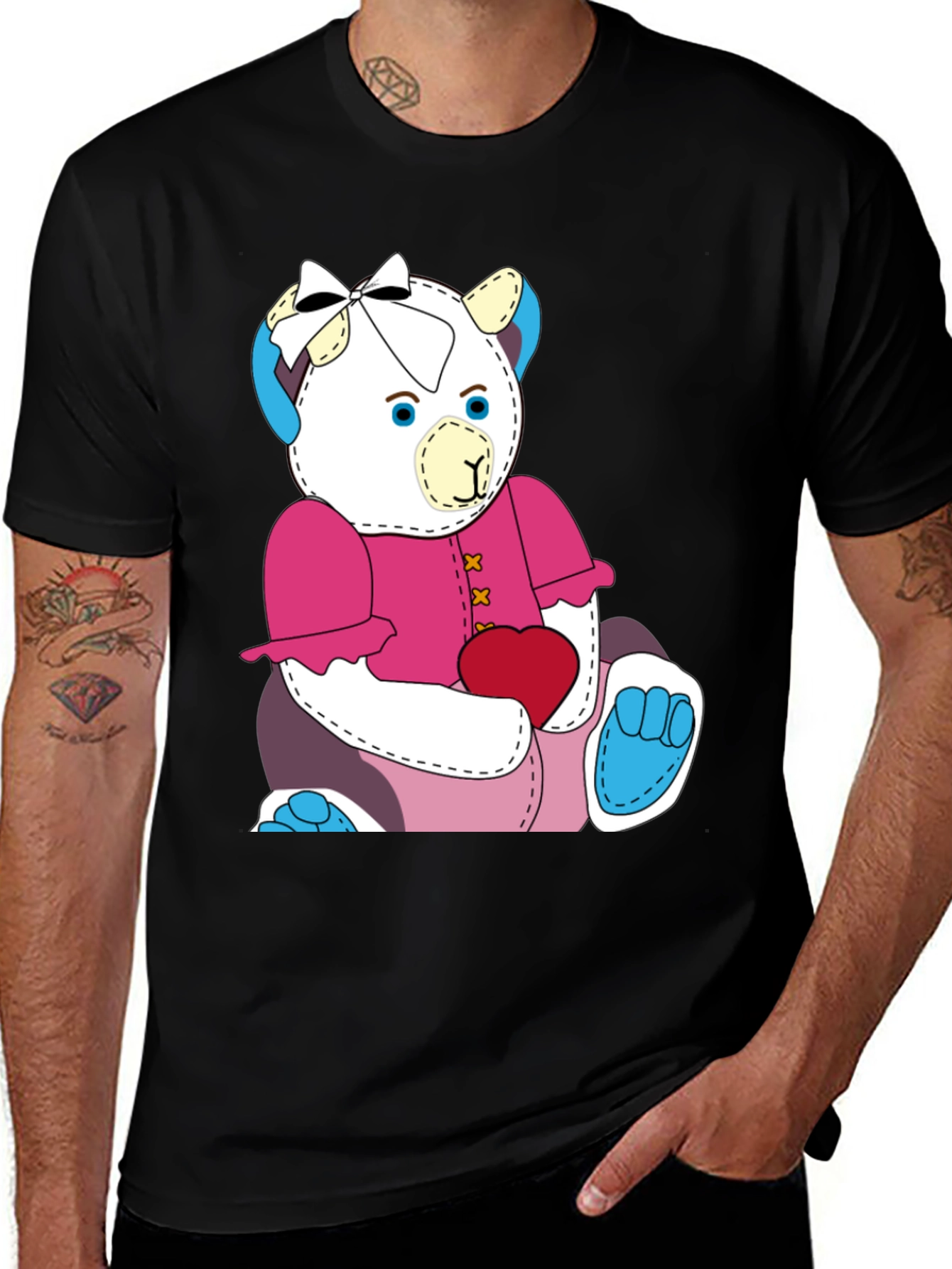 Cute Teddy Bear Graphic Tee - Black