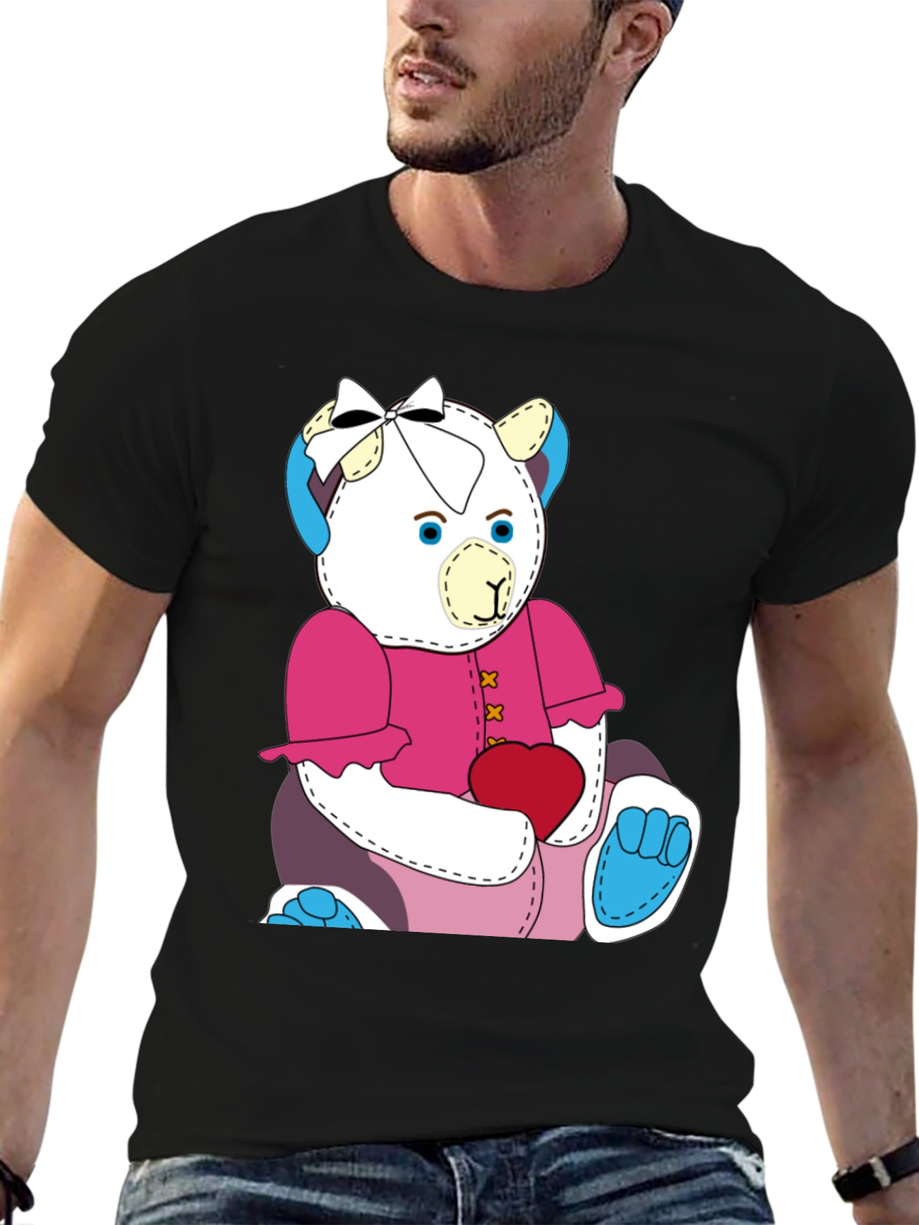 Cute Teddy Bear Graphic Tee - Black