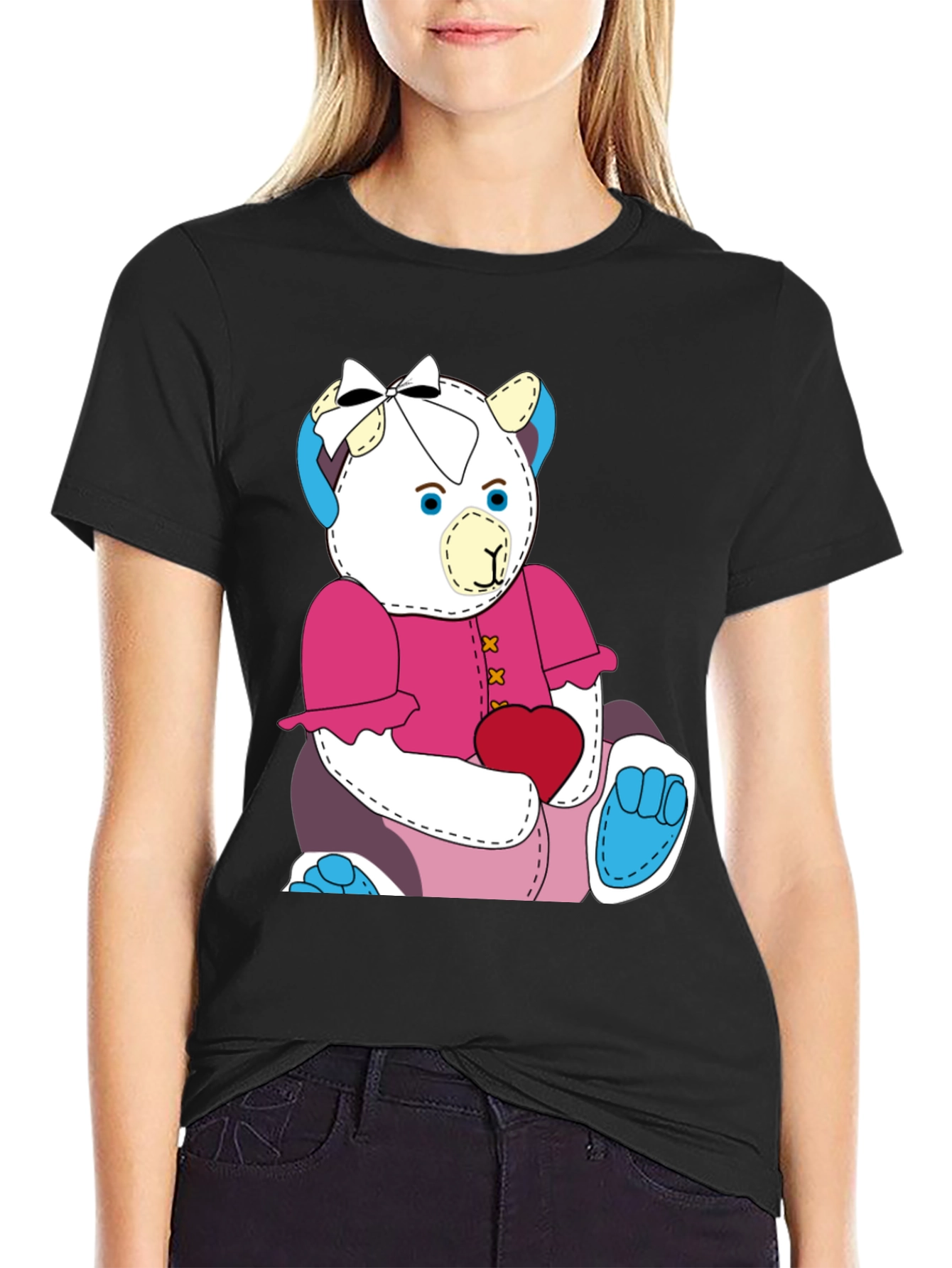Cute Teddy Bear Graphic Tee - Black