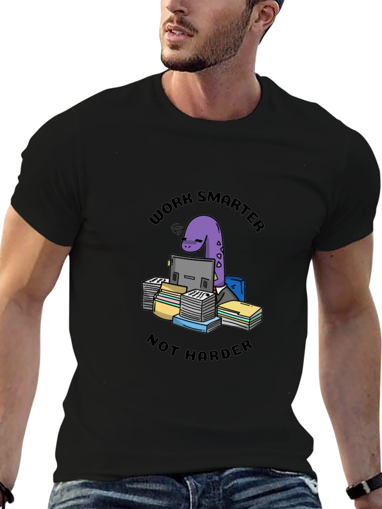 Work Smarter Dinosaur Black T-Shirt