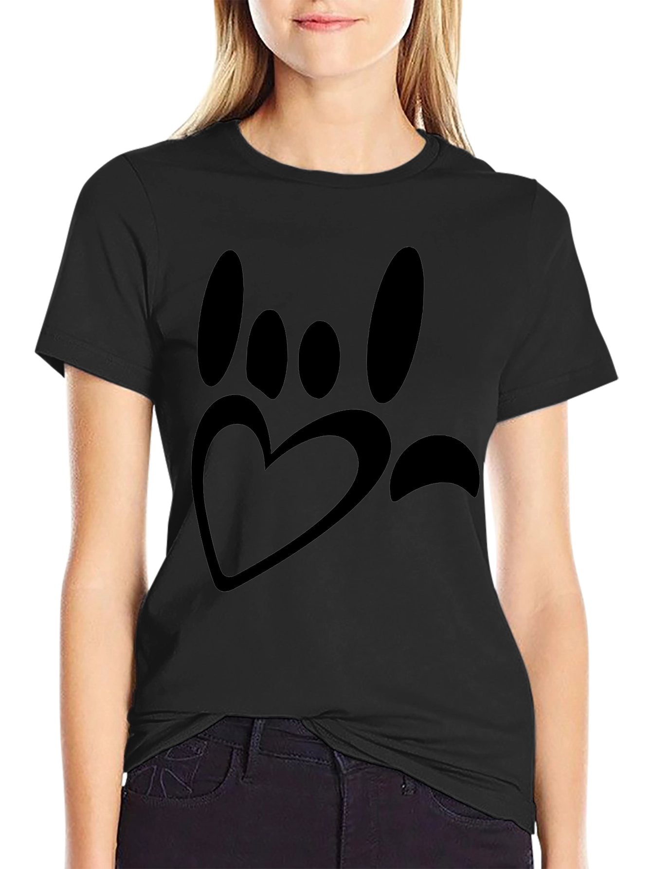 Paw Print Heart Graphic T-Shirt - Black